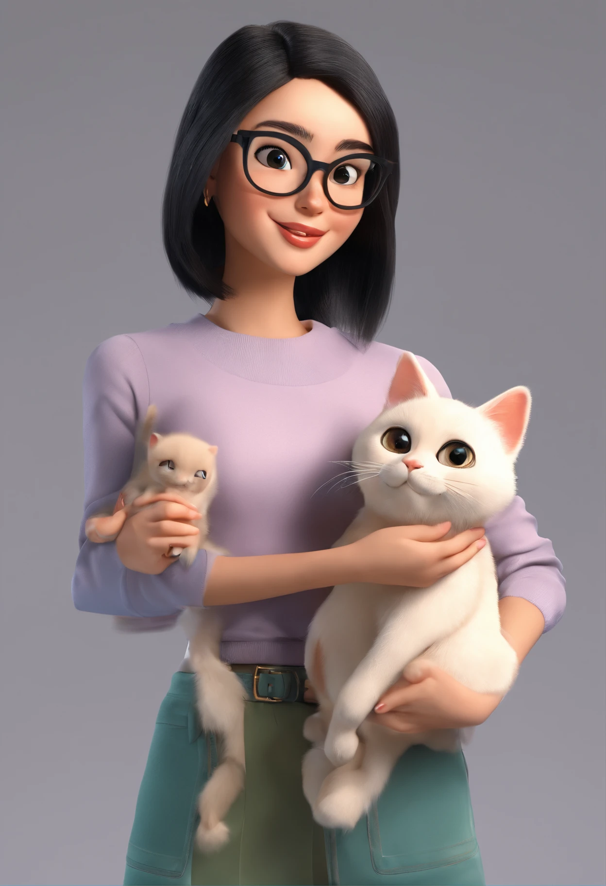 Girl with straight black hair, wearing glasses, round face, intelligent, sweet expression, holding a Siamese cat. Estilo Disney Pixar