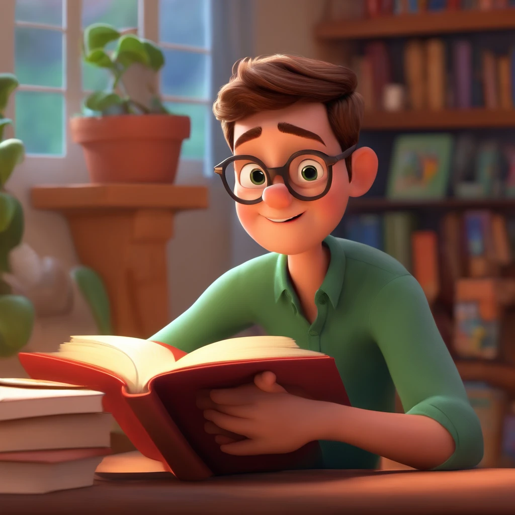 fundo branco, pixar desenhos animados 3D, homem lendo um livro, ::estilo pixar cartoon