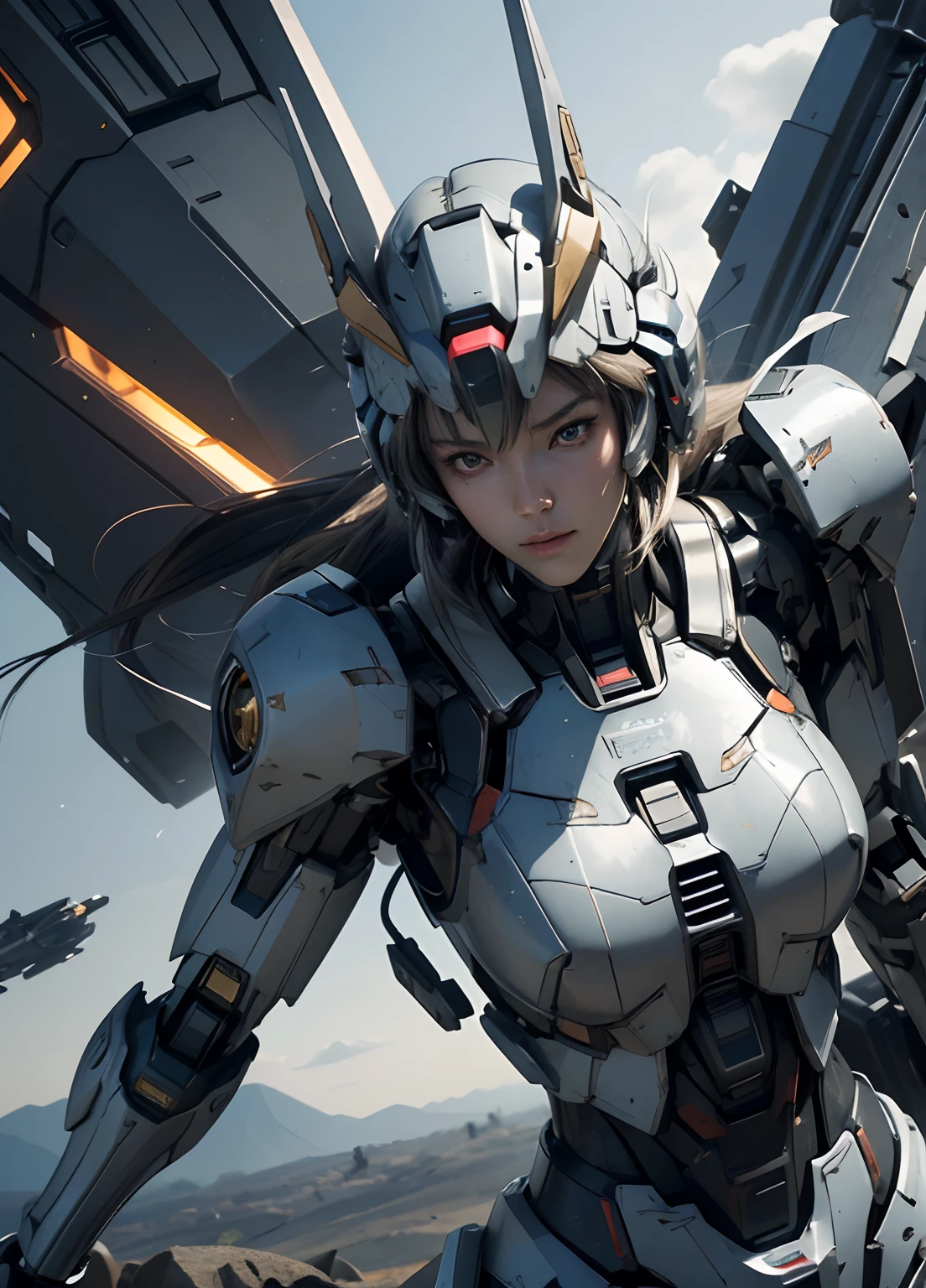 Textured skin, Super Detail, high details, High quality, Best Quality, hight resolution, 1080p, hard disk, Beautiful,(Gundam),beautiful cyborg woman,Mecha Cyborg Girl,Battle Mode,Girl with a Mecha Body,She wears a futuristic Gundam mecha,Fulll body Shot
