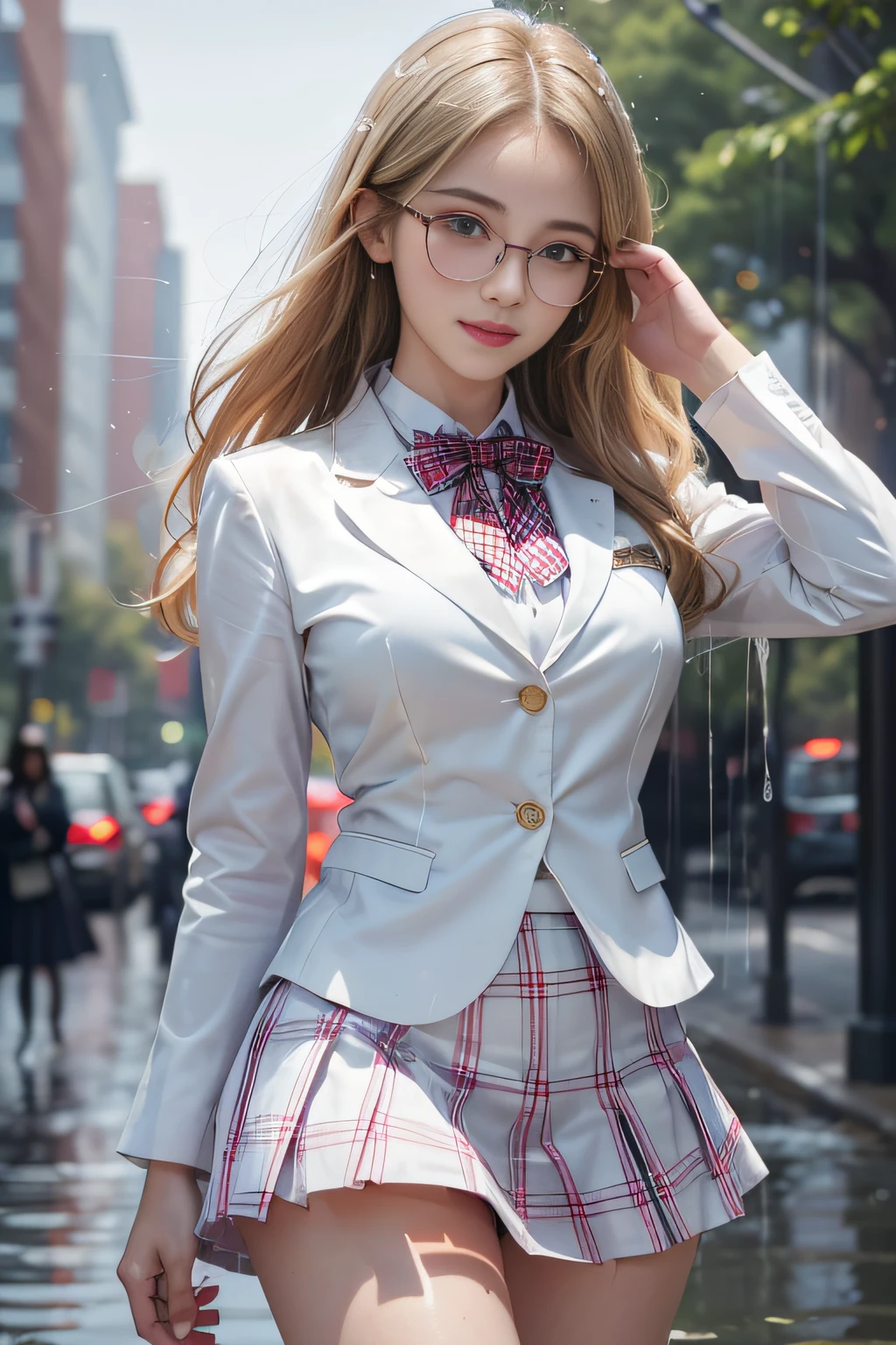 ((High school girl walking in a park by the lake))、((Uniform white blazer))、((Translucent white blouse、red bowtie、Dark blue checked skirt)). 40k, Photography, masutepiece, Best Quality, dark grey background, ((1 Gorgeous bright blonde girl with beautiful eyes, She wears glasses on her beautiful face, )). White skin, Poses variadas.((breasts of medium size,:1.1)), Best Quality, masutepiece, Ultra high definition, (Photorealistic:1.4), Raw photo, (perfect body type), (slim:1.3), Slim abdomen, Perfect slim figure, dynamicposes, (((Full-figured :0.9))), Solo, Cold Light 12000K, Highly detailed facial and skin texture, Detailed eyes, Realistic eyes, Beautiful detailed eyes, (Realistic skin), Attractive, 超A high resolution, A hyper-realistic, Highly detailed,((A smile))、((lift up skirt))、((White panties are visible))、、