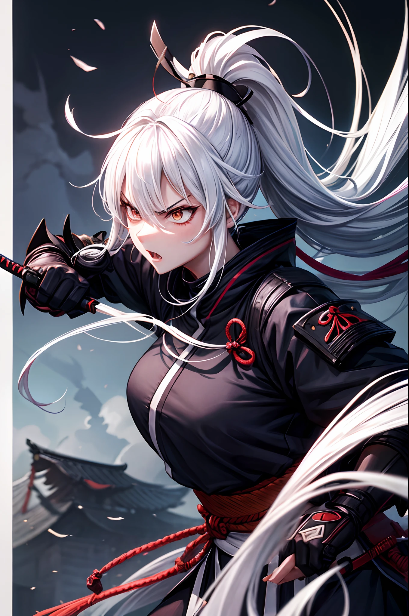 Samurai girl, ninja, long white hair, badass, angry, cold, high quality