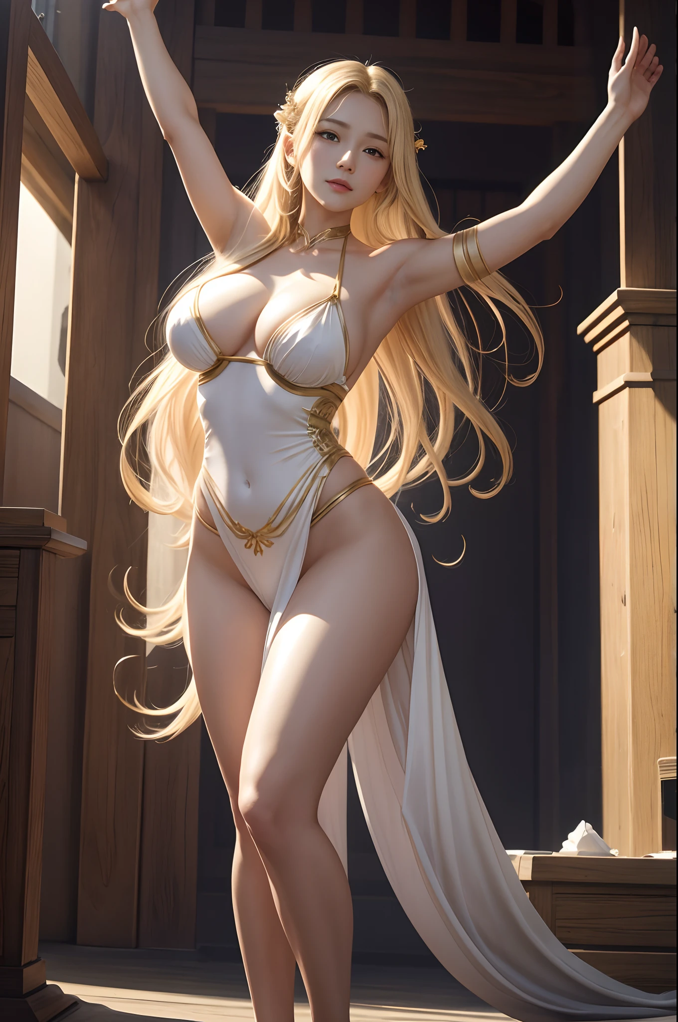 a matural female、Ethereal、goddes、large full breasts、vivd colour、white greek peplos、Golden hair、Bare shoes、The perfect female figure、Raise your arms、hairarmpits、thighs thighs thighs thighs、Light smile、deadpan、trending on artstationh、​masterpiece、8K分辨率、Fantasyart、