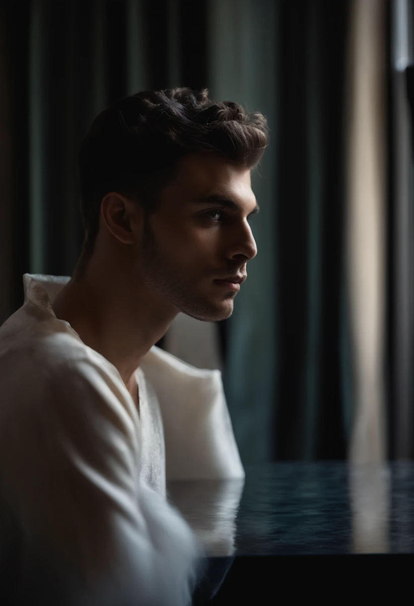 Hombre jeune aux cheveux noirs peau blanche regardant dans le miroir verre sanglant. Image sombre,