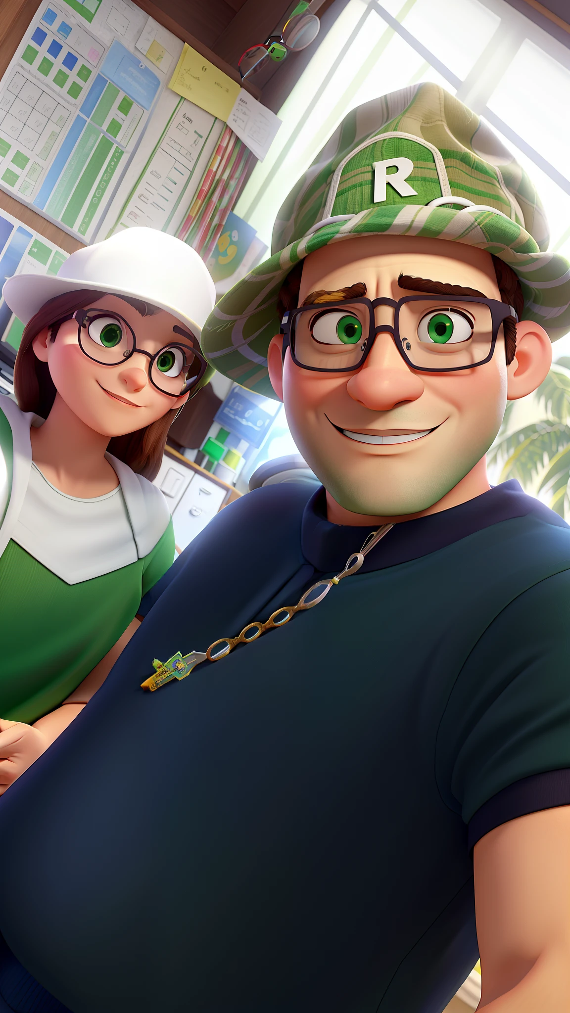 Homem (branco, com olhos verdes, with prescription glasses), e mulher (branca) fazendo cara feia, with cangaceiro hat, no estilo Disney Pixar, alta qualidade, melhor qualidade.