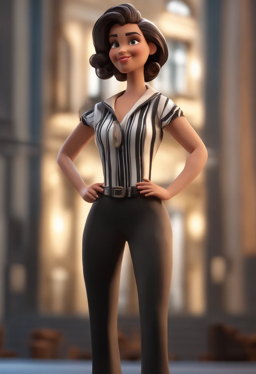 Cartoon character of a girl wearing strappy blouse with black and white stripes, um personagem animado, Caractere estilizado, animation style rendering, 3D estilizado, cabelos crespos castanhos amarrados com coque , Personagem 3D, Personagem 3D, 3d rendering stylized, 3 d character render, personagem de desenho animado, Personagem de close up, Pose de personagem, (Estilo Pixar) (master part:1.2) (Bokeh) (best quality) (pele detalhada) (textura detalhada) (8k) (argila) (Cinematic lighting) (foco nítido,Senta e vaza a parte superior do corpo