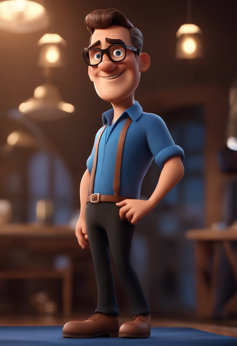 Cartoon character of a man with black glasses and a blue shirt, animation character, Caractere estilizado, animation style rendering, 3D estilizado, Arnold Maya render, 3 d render stylized, toon render keyshot, Personagem 3D, Personagem 3D, 3d rendering stylized, 3 d character render, personagem de desenho animado, Personagem de close up, Pose de personagem, (Estilo Pixar) (master part:1.2) (Bokeh) (best quality) (pele detalhada) (textura detalhada) (8k) (argila) (Cinematic lighting) (foco nítido