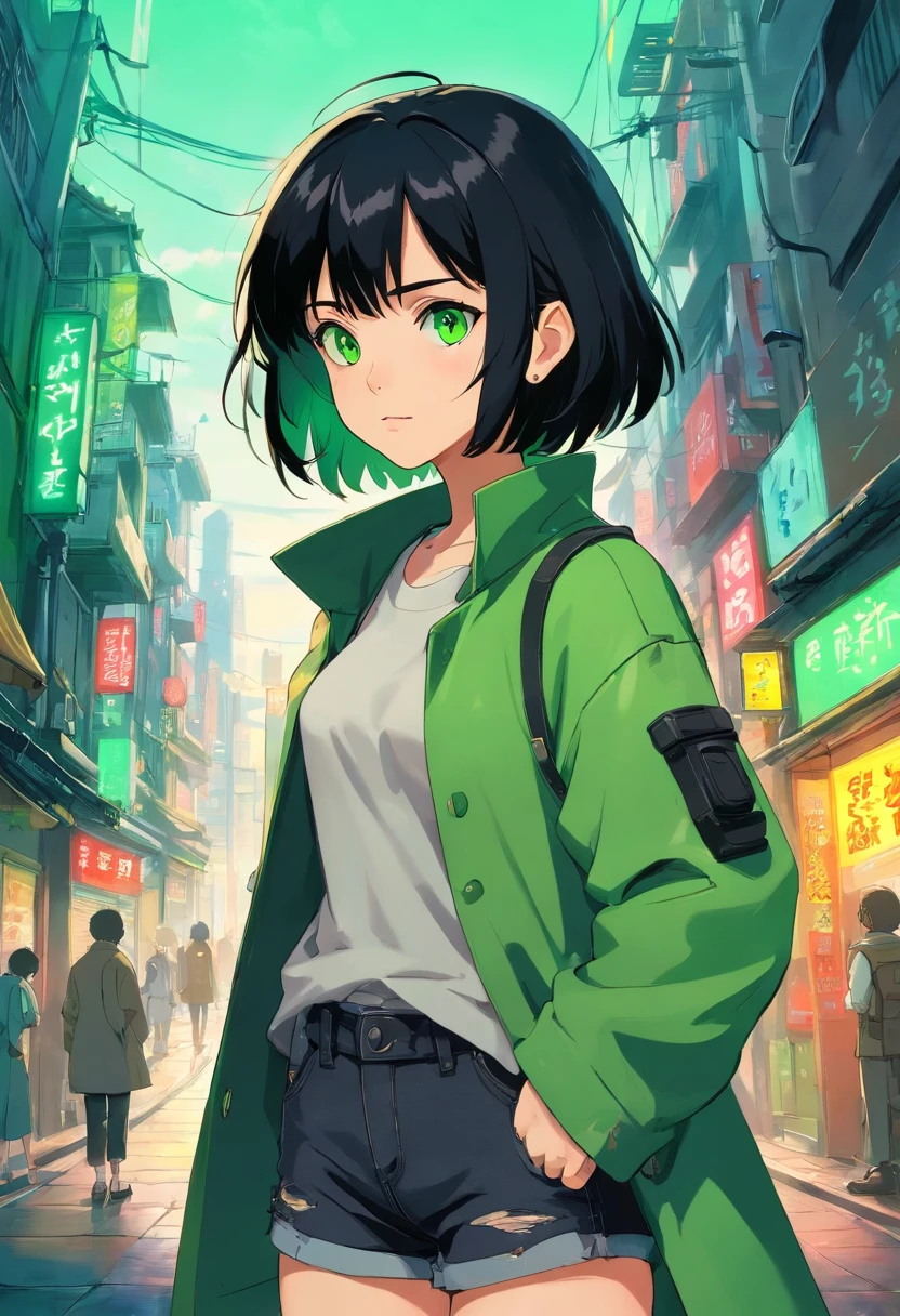 1girl, (masterpiece), black hair, short hair, green eyes, Green coat, black short jeans, cyberpunk city,