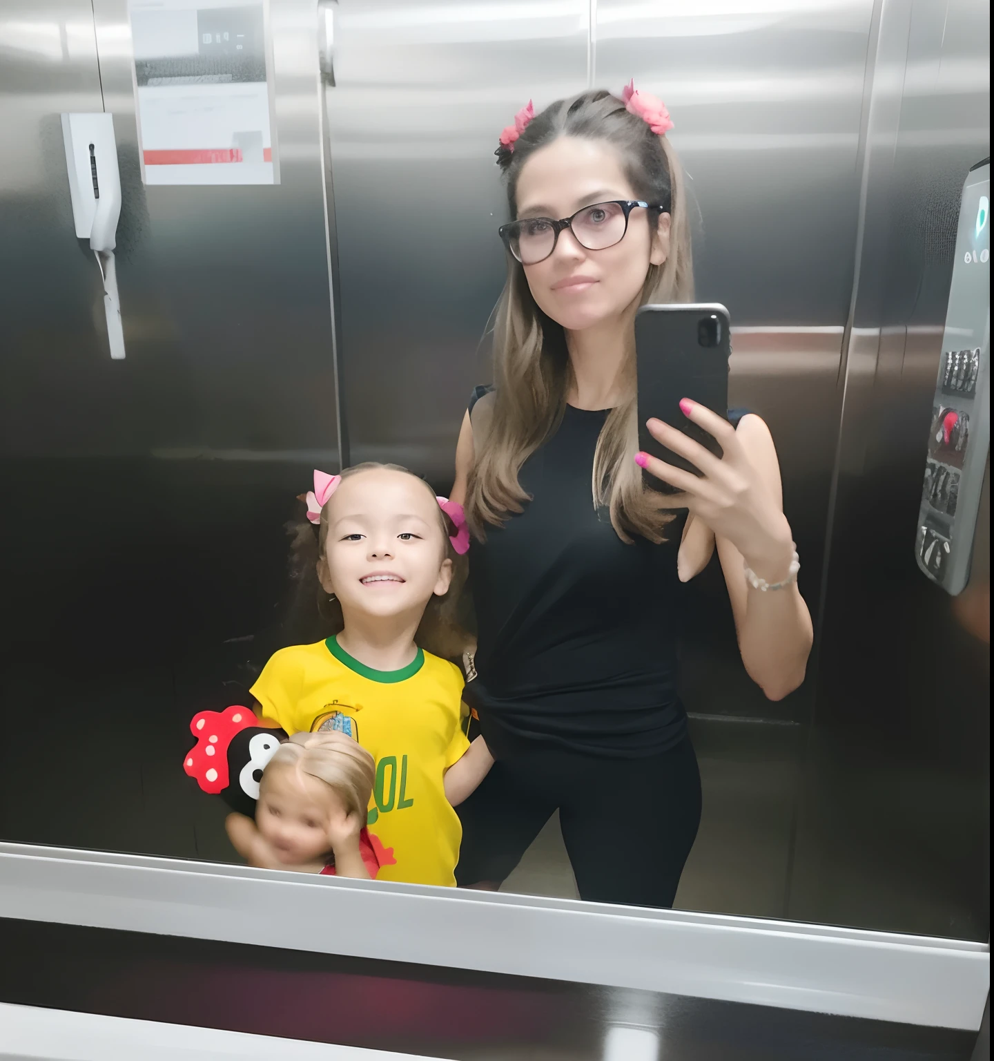 there is a woman and a taking a selfie in a mirror, in an elevator, with a kid, Nándor Katona, in sao paulo, 3 5 year brazilian mother, in the dark elevator, 8k selfie photograph, very very low quality picture, mirror selfie, high quality upload, niele toroni, 30 years old woman