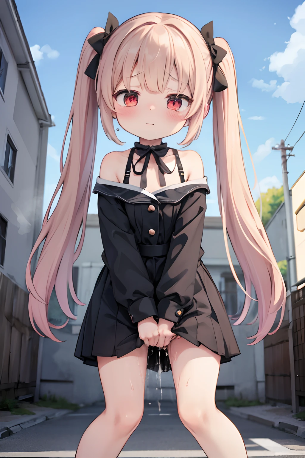 ((NSFW)),masutepiece, Best Quality, Insanely detailed, nffsw, 4K, 8K, hight resolution, A girl child, Lori, Shy, tearful, high twintails, Patsun bangs, a blond, Red Eyes, pale skin, Fair skin, Petite, Mini skirt, off shoulder top, Cute face, Baby face, Delicate facial features, 10yaers old, cel anime, One girl is peeing, Looking away, Standing, embarrassed, blush, Keep one's mouth shut,In the street(girl is peeing self:0.4),Omorashi