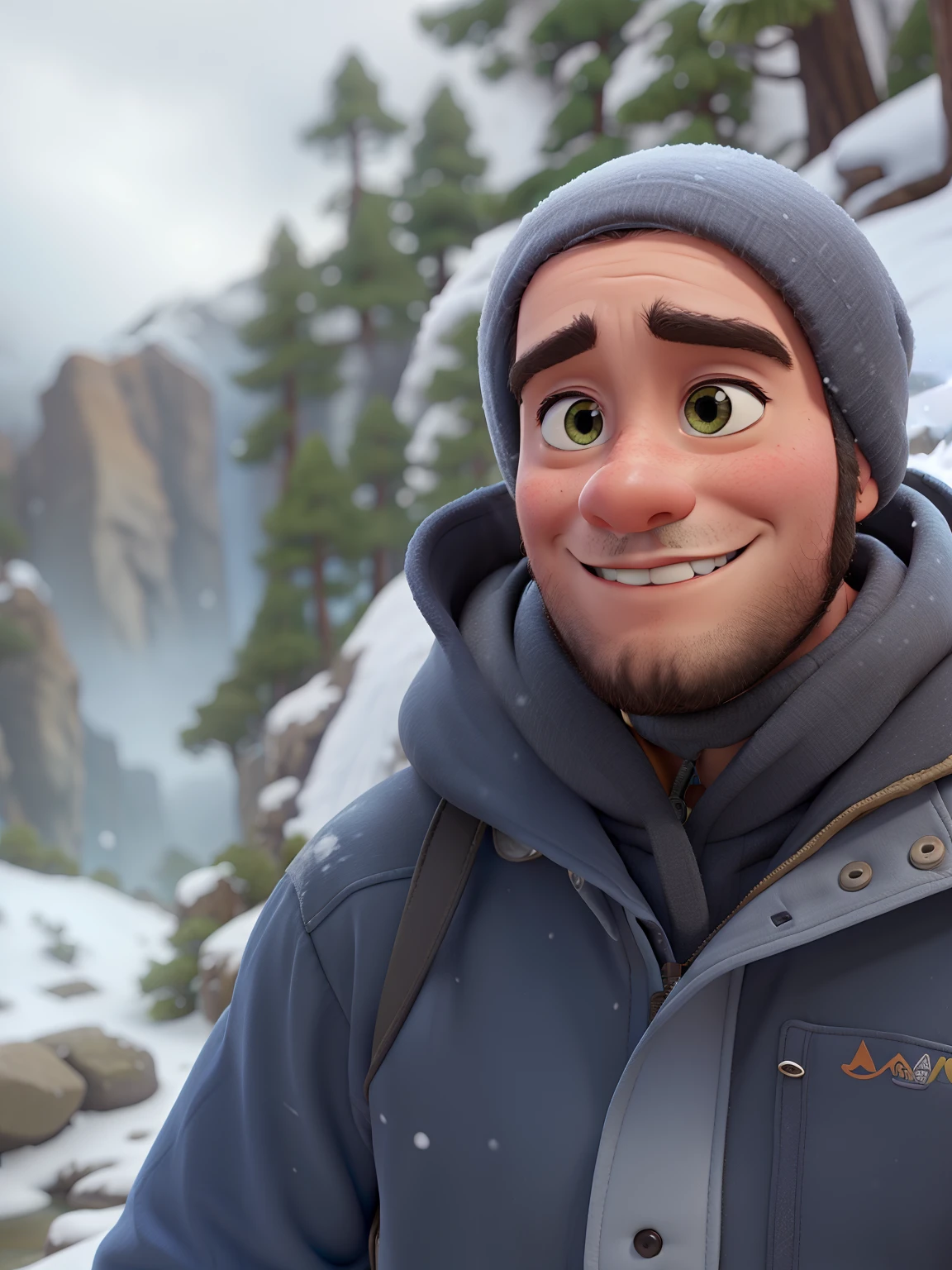 Estilo Pixar, outdoor, hiking, snow mountain background