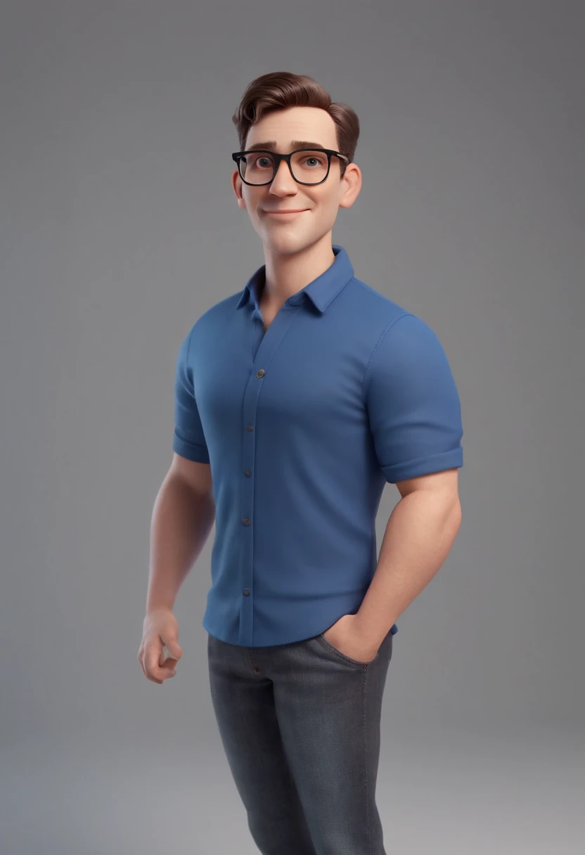 Cartoon character of a man wearing black glasses and a blue shirt, um personagem animado, Caractere estilizado, animation style rendering, 3D estilizado, Arnold Maya render, 3 d render stylized, toon render keyshot, Personagem 3D, Personagem 3D, 3d rendering stylized, 3 d character render, personagem de desenho animado, Personagem de close up, Pose de personagem, (Estilo Pixar) (master part:1.2) (Bokeh) (best quality) (pele detalhada) (textura detalhada) (8k) (argila) (Cinematic lighting) (foco nítido,Senta e vaza a parte superior do corpo
