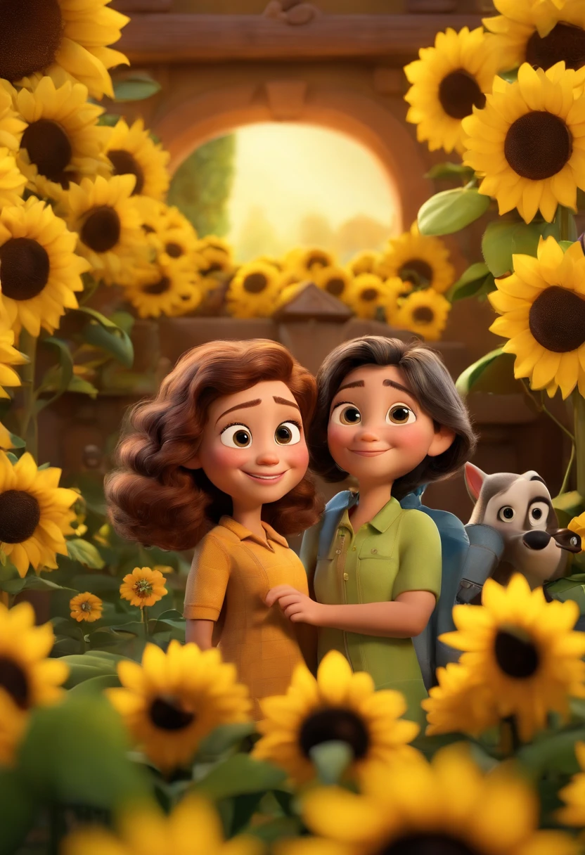 Create a Disney PIXAR-style 3D poster. ((centro da imagem, Triplets)), ((3 children)) ((1 menino no meio e 2 meninas ao lado, They're hugging each other, O menino tem pele castanha e cabelos castanhos escuros e olhos castanhos escuros, 1 menina tem pele clara, olhos e cabelos escuros e cacheados, e a outra menina tem pele morena, olhos escuros e cabelos escuros e lisos)) ((tudo isso no estilo Disney PIXAR 3D, In the background, A house of sunflowers, Gloria Studio, The garden is full of nature 3D render RTX clay material, estilo de design cartunesco, POP Mart, soft lighting, linhas suaves, Spring tilt, Detailed illustrations of PIXAR 3D, Detalhes hiper-realistas, cor quente no estilo Disney PIXAR 3D))