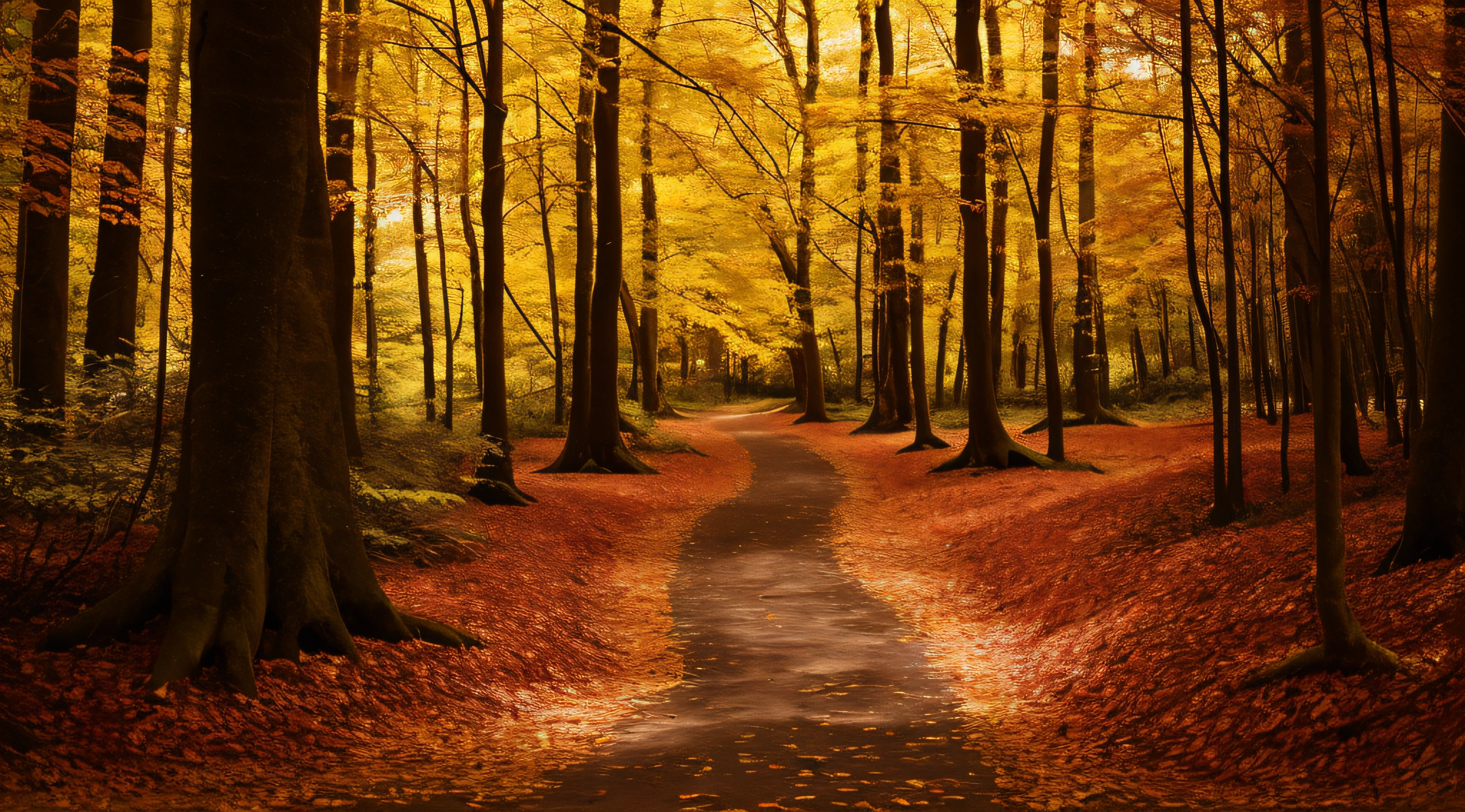 Color Forrest Path Arafed path in a forest with trees and leaves on the ground - SeaArt AI