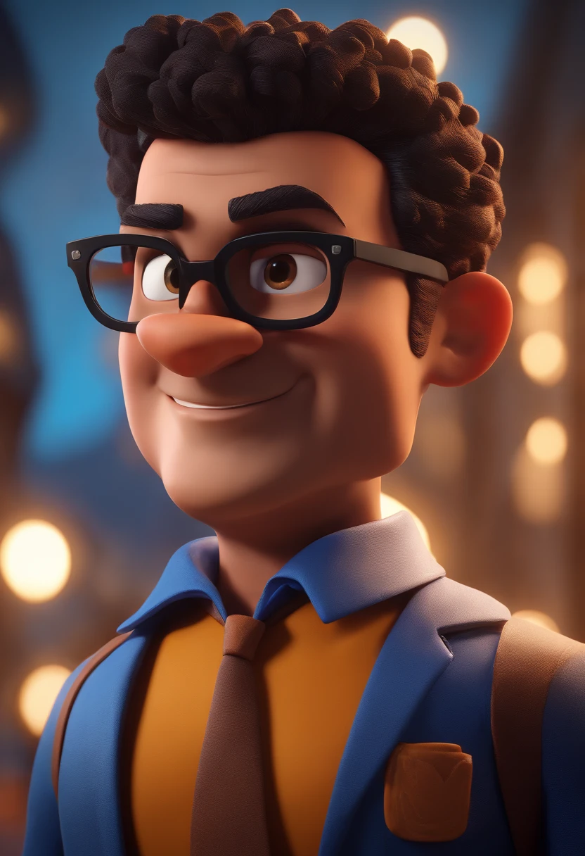 Cartoon character of a man with black glasses and a blue shirt, animation character, Caractere estilizado, animation style rendering, 3D estilizado, Arnold Maya render, 3 d render stylized, toon render keyshot, Personagem 3D, Personagem 3D, 3d rendering stylized, 3 d character render, personagem de desenho animado, Personagem de close up, Pose de personagem,  (Estilo Pixar) (master part:1.2) (Bokeh) (best quality) (pele detalhada) (textura detalhada) (8k) (argila) (Cinematic lighting) (foco nítido