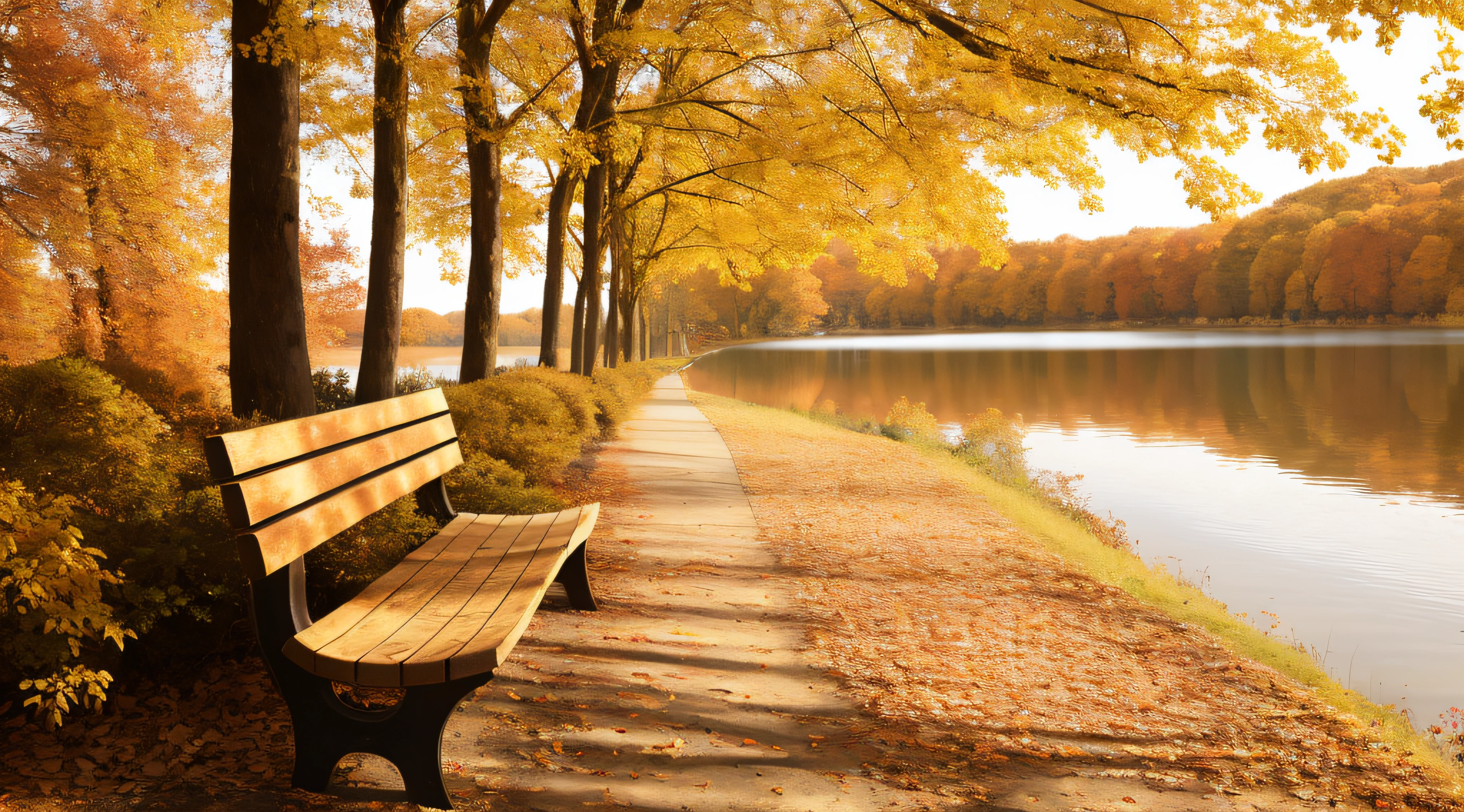 there is a bench sitting on the side of a path next to a lake, autumn tranquility, in the autumn, warm beautiful scene, during autumn, beautiful wallpaper, golden autumn, scenery wallpaper, benches, nature wallpaper, in autumn, nature scenery, beautiful high resolution, autumn season, beautiful place, beautiful nature, in a park and next to a lake, bench