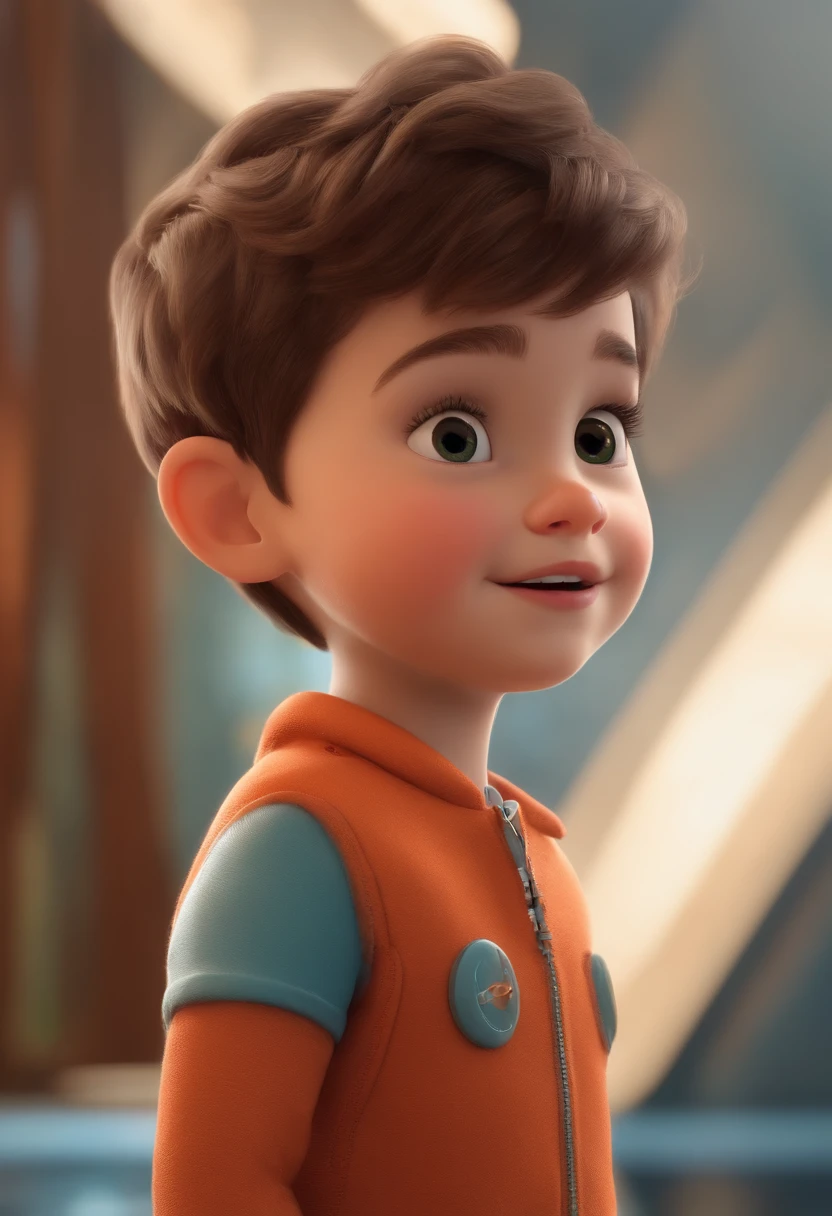 a happy cute standing short hair, vestindo uma fantasia espacial, , fundo branco, barnet, tom, Estilo Pixar, ..3d, desenhos animados, rosto detalhado, asymmetrical 16k