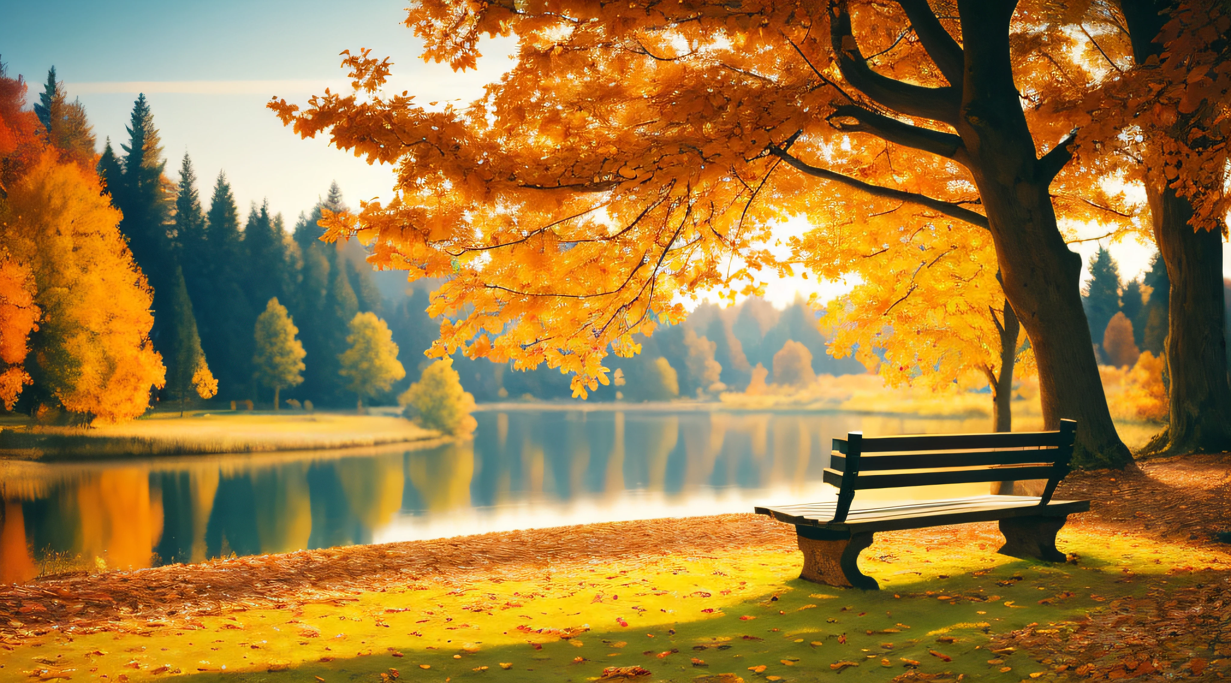 a close up of a bench near a body of water with trees, hd wallpaper, scenery wallpaper, nature wallpaper, warm beautiful scene, autumn tranquility, beautiful wallpaper, nature scenery, scenic colorful environment, colorful scene, colorful hd picure, wallpaper hd, high-quality wallpaper, beatiful backgrounds, amazing wallpaper, in the autumn, autumn season, beautiful iphone wallpaper