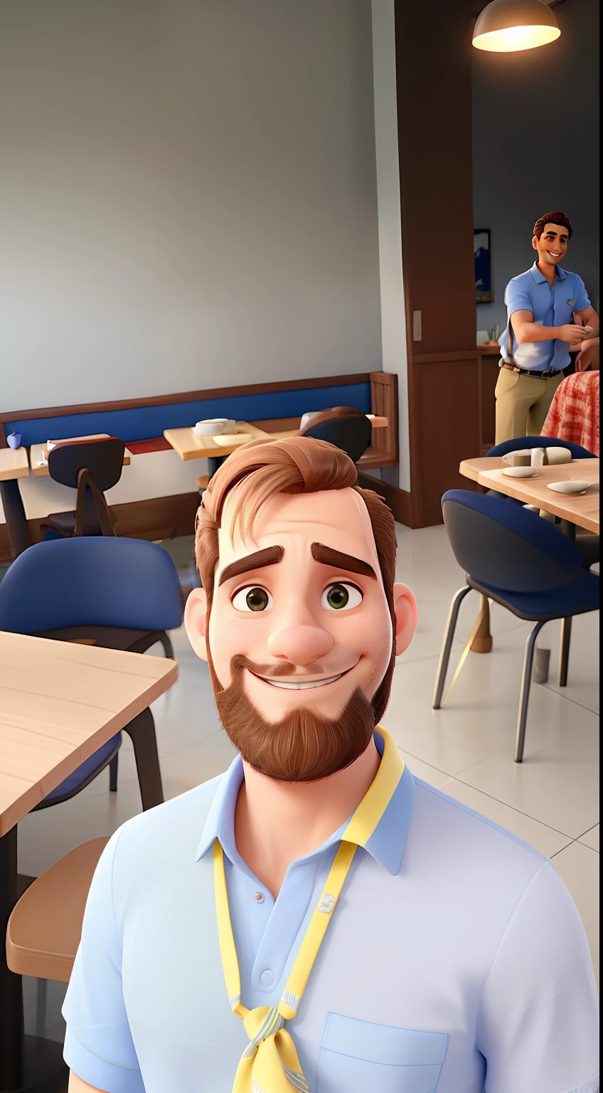 Um homem sentado em um restaurante, cabelos bem curtos, balding, vestindo camisa polo azul, sorrindo, barba curta estilo lenhador