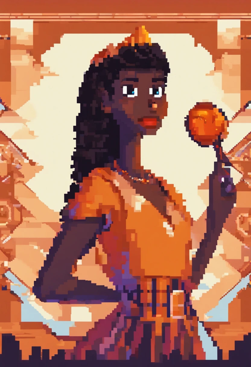 Capa de filme estilo disney, black girl, de olhos escuro, pele escura, tirando uma selfi sorridente, com um vestido laranja
