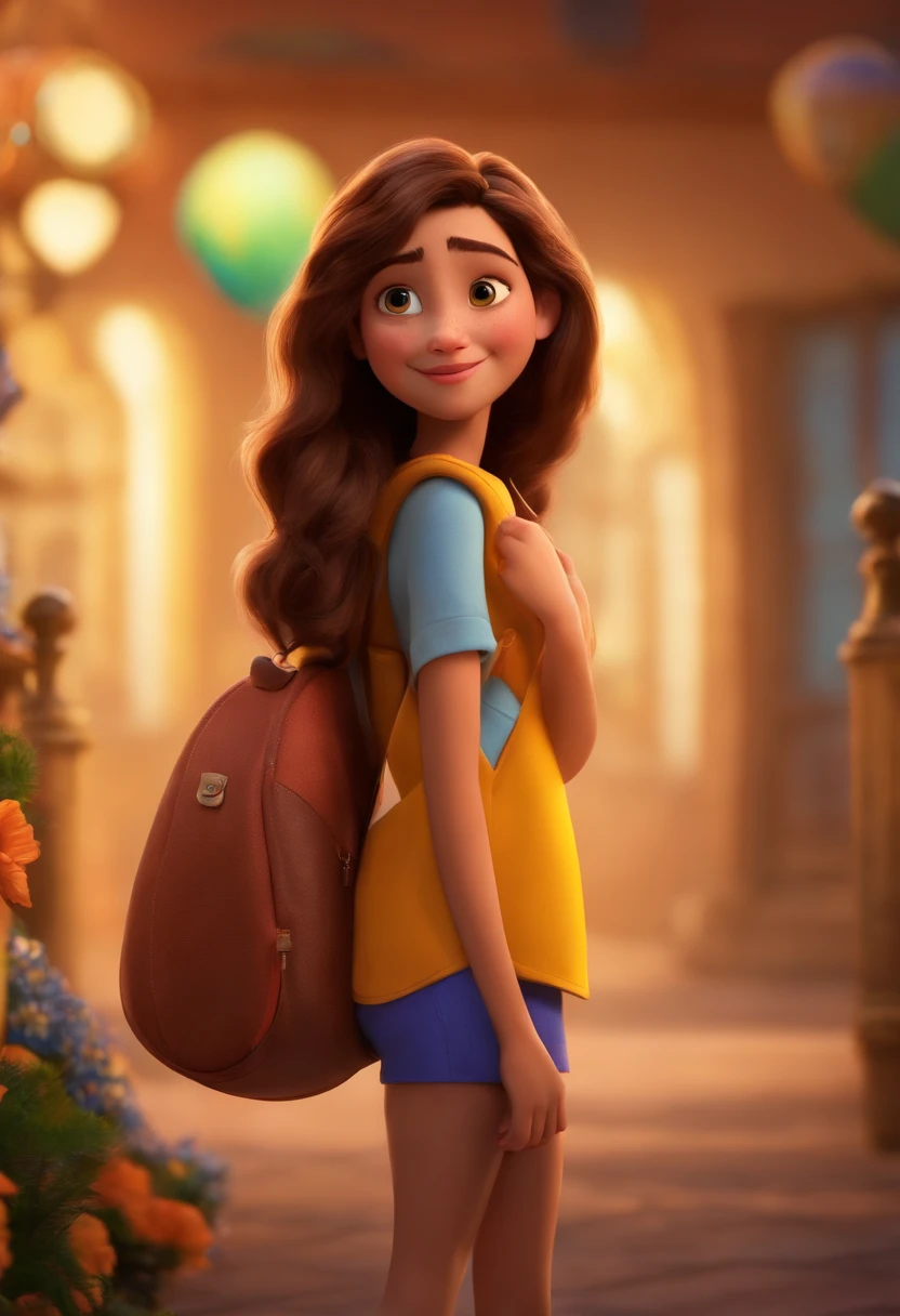 Um filme inspirado na Disney Pixar (MENINA BRANCA JOVEM COM CABELO LONGO CACHEADO LOIRA)dentro A cena estar na arte distinta do estilo PIXAR, CALCA TENIS BLUSA MOCHILA NAS COSTA E UMA BIBLIA NA MAO