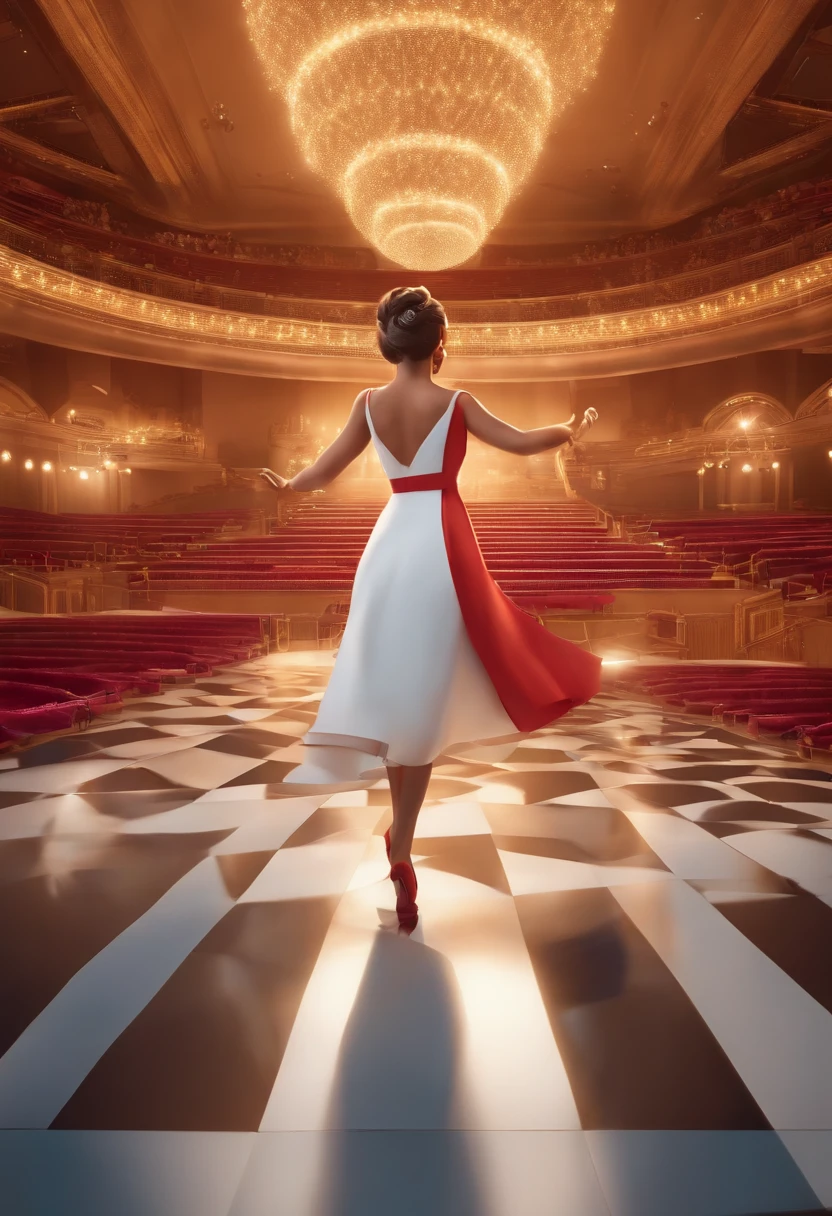 "(best quality,ultra-detalhado,Realistic:1.37),3D rendering,illustration,design de personagens,cabelos curtos e cacheados escuros,belos olhos detalhados,wearing white glasses,Estilo Pixar,morena mulher,Dancing on the Disney stage,atmosfera animada,vivid colors,luzes de palco,expression joyful"