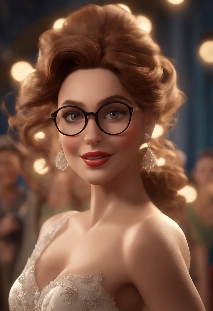 "(best quality,ultra-detalhado,Realistic:1.37),3D rendering,illustration,design de personagens,cabelos curtos e cacheados escuros,belos olhos detalhados,wearing white glasses,Estilo Pixar,morena mulher,Dancing on the Disney stage,atmosfera animada,vivid colors,luzes de palco,expression joyful"