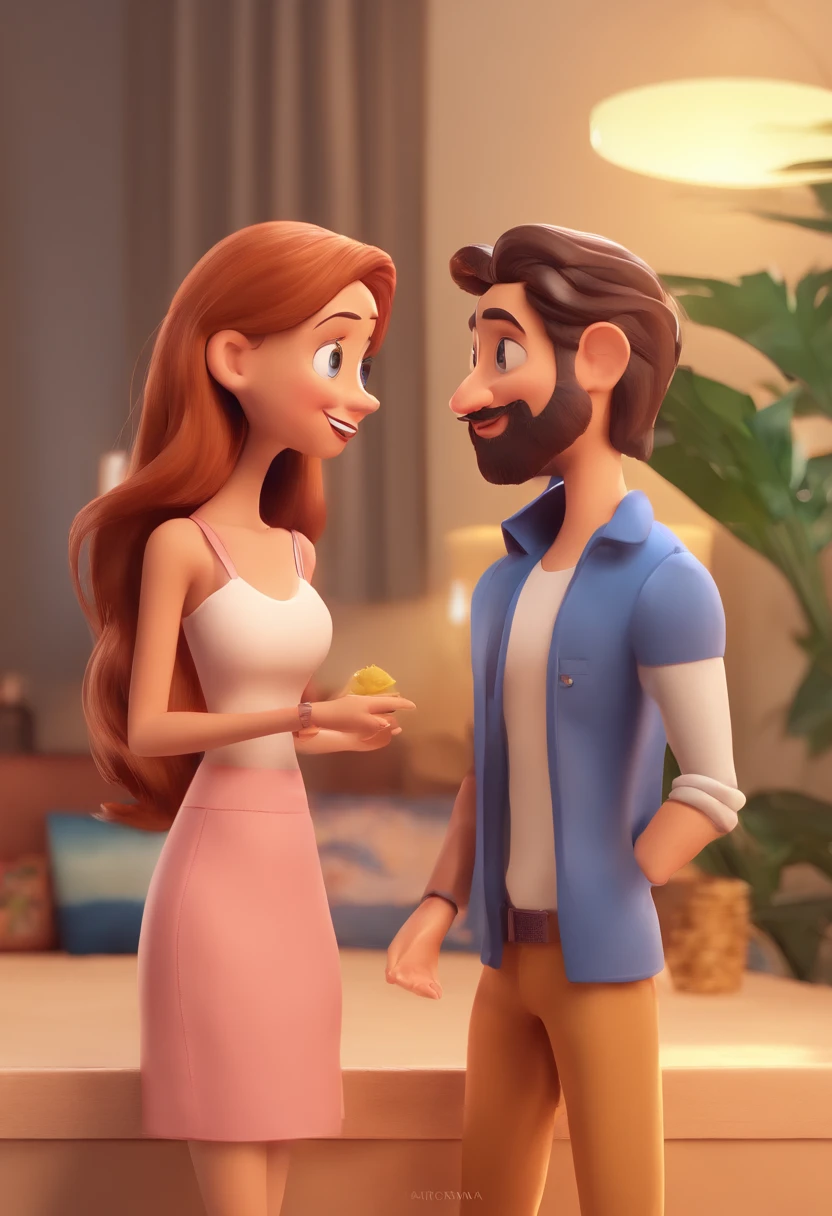 An illustration of an adorable couple, Destacando um homem e uma mulher com beleza, Expressive eyes – the man's hair is bald and brown and he has a full beard, While the woman's hair is tied up in a bun and blonde. They are a bright space, Todos com um sorriso no rosto, e compartilhe um momento especial, That is marked by love, viagem, and pedagogical insights. Ilustre esta cena a partir de uma perspectiva, where they're facing away from the camera, Show Your Connection. Desenvolva esta arte em Full HD, Focus on your cinematic touch, Estilo Disney Pixar Animations