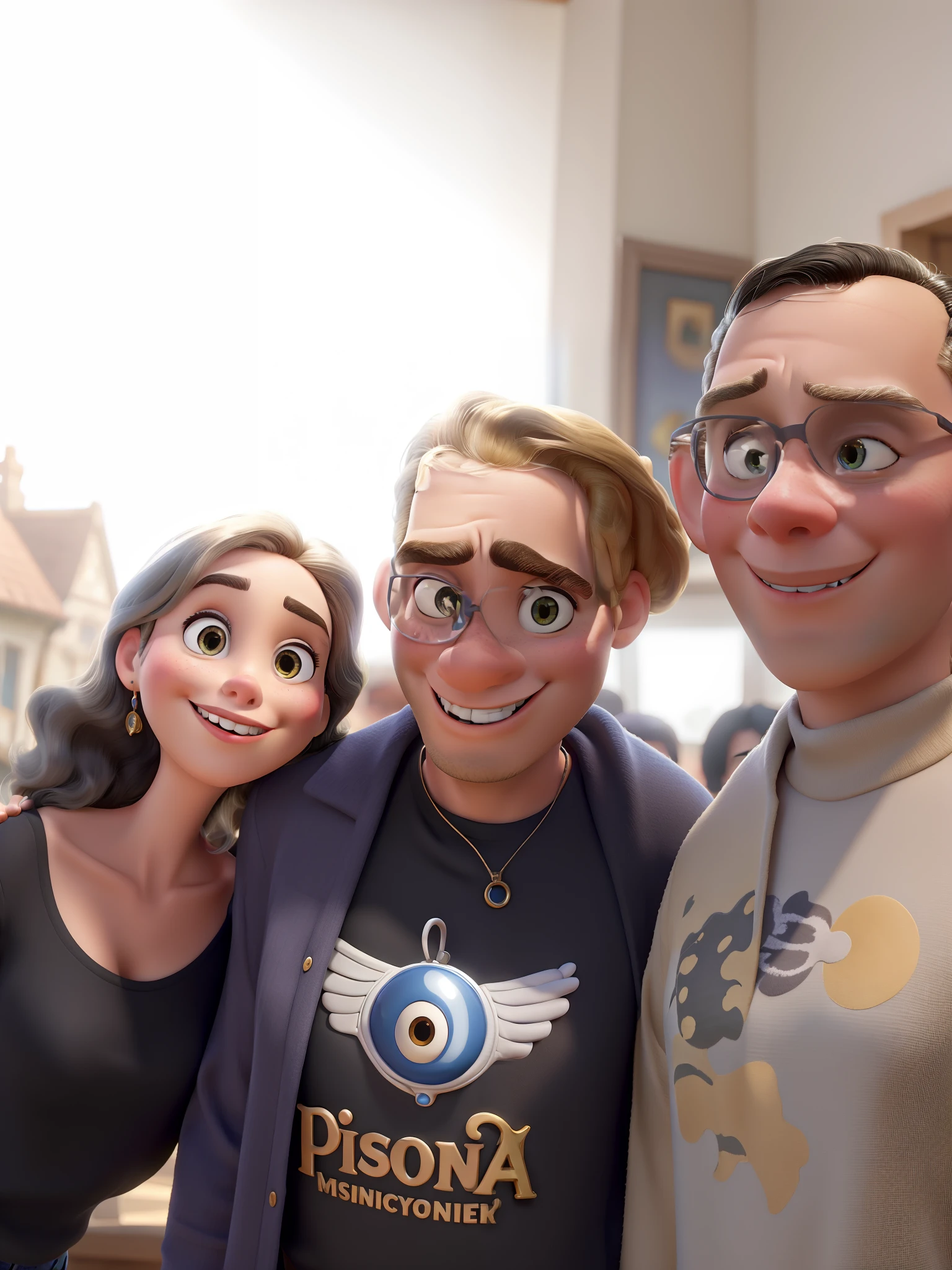 Obra-prima ao estilo Disney/Pixar in high quality and high resolution. The woman in the front is blonde and the man has black hair.