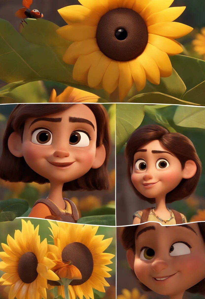 Create a Disney PIXAR-style 3D poster. ((image center, Trillizos)), ((3 boys)) ((1 chico en el medio y 2 chicas al lado, Se abrazan, The boy has brown skin and dark brown hair and dark brown eyes, 1 chica tiene la piel clara, Ojos y cabello oscuros y rizados, y la otra chica tiene la piel morena, ojos oscuros y cabello oscuro y lacio)) ((todo esto al estilo 3D de Disney PIXAR, en segundo plano, Una casa de girasoles, Estudio Gloria, The garden is full of nature 3D rendered RTX clay material, Cartoonish Design Style, Pop Mart, Soft lighting, soft lines, Spring tilt, Ilustraciones detalladas de PIXAR 3D, Detalles hiperrealistas, Warm color in Disney PIXAR 3D style))