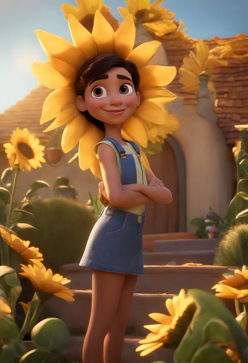 Create a Disney PIXAR-style 3D poster. ((image center, Trillizos)), ((3 boys)) ((1 chico en el medio y 2 chicas al lado, Se abrazan, The boy has brown skin and dark brown hair and dark brown eyes, 1 chica tiene la piel clara, Ojos y cabello oscuros y rizados, y la otra chica tiene la piel morena, ojos oscuros y cabello oscuro y lacio)) ((todo esto al estilo 3D de Disney PIXAR, en segundo plano, Una casa de girasoles, Estudio Gloria, The garden is full of nature 3D rendered RTX clay material, Cartoonish Design Style, Pop Mart, Soft lighting, soft lines, Spring tilt, Ilustraciones detalladas de PIXAR 3D, Detalles hiperrealistas, Warm color in Disney PIXAR 3D style))