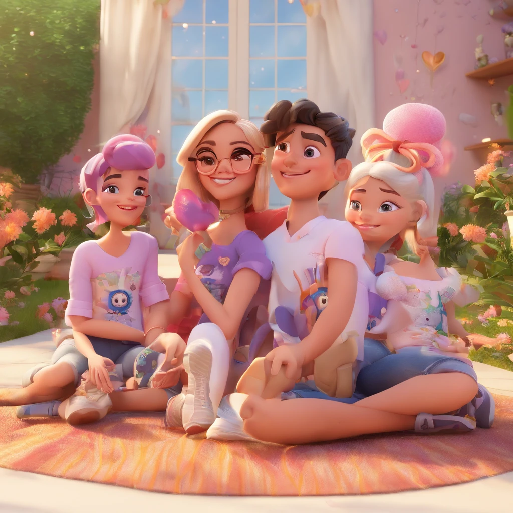 Create a Disney Pixar style poster with my smiling family sitting on the floor of a grassy park full of flowers with
The blue sky characters are : Homem moreno claro , olhos castanhos escuros , camiseta cinza, bermuda jeans , sneaker, portanto, , Uma mulher branca , cabelos loiros curtos nos ombros, camisa estampa florzinhas rosas, White denim shorts and sneakers hugging your female Maltese Crystal pet with pink bows on ears and purple collar with heart pendant .