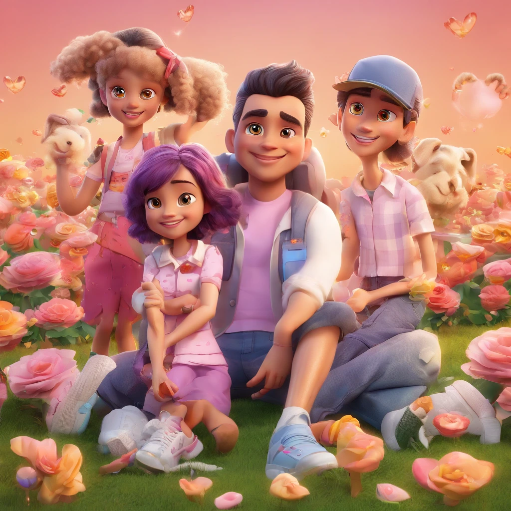 Create a Disney Pixar style poster with my smiling family sitting on the floor of a grassy park full of flowers with
The blue sky characters are : Homem moreno claro , olhos castanhos escuros , camiseta cinza, bermuda jeans , sneaker, portanto, , Uma mulher branca , cabelos loiros curtos nos ombros, camisa estampa florzinhas rosas, White denim shorts and sneakers hugging your female Maltese Crystal pet with pink bows on ears and purple collar with heart pendant .