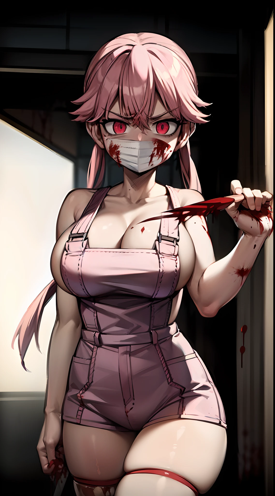 naked suspenders, naked overalls, yuno gasai, long hair, (pink eyes:1.5), pink hair, smile, low twintails, red eyes, (large breasts:1.5), (angry crazy:1.4), (blood splatter:1.5), (face mask:1.3), (perfect hands:1.5)