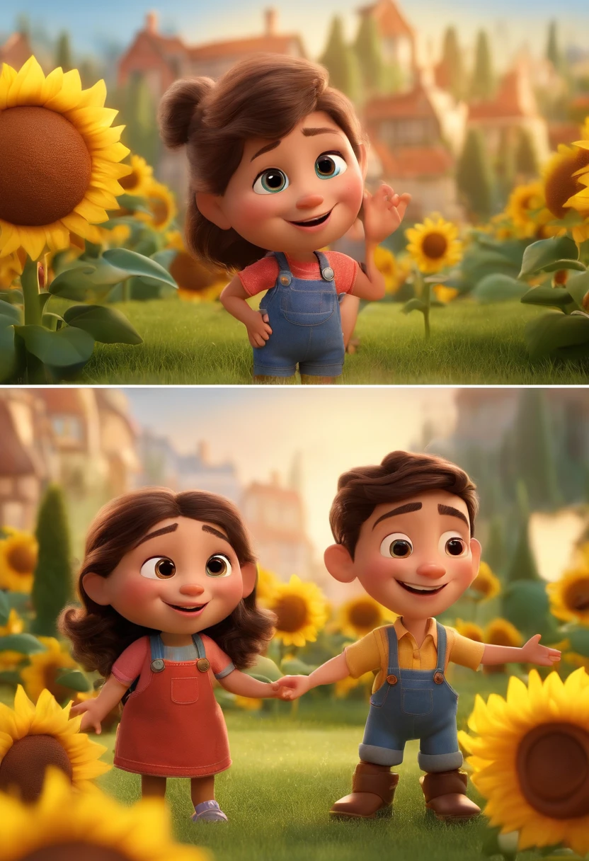 Create a Disney PIXAR-style 3D poster. ((centro da imagem, Triplets)), ((3 children)) ((1 menino no meio e 2 meninas ao lado, They're hugging each other, O menino tem pele castanha e cabelos castanhos escuros e olhos castanhos escuros, 1 menina tem pele clara, olhos e cabelos escuros e cacheados, e a outra menina tem pele morena, olhos escuros e cabelos escuros e lisos)) ((tudo isso no estilo Disney PIXAR 3D, In the background, A house of sunflowers, Gloria Studio, The garden is full of nature 3D render RTX clay material, estilo de design cartunesco, POP Mart, soft lighting, linhas suaves, Spring tilt, Detailed illustrations of PIXAR 3D, Detalhes hiper-realistas, cor quente no estilo Disney PIXAR 3D))
