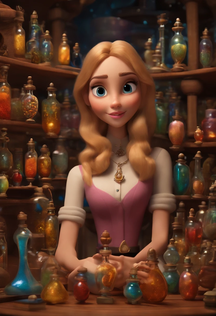 A collector of ideas inspired by Pixar animation, de perto. She is surrounded by a collection of magic vials, each containing a unique idea. The focus is on the character, with a captivating facial expression, Against a backdrop of shimmering, cores efervescentes.