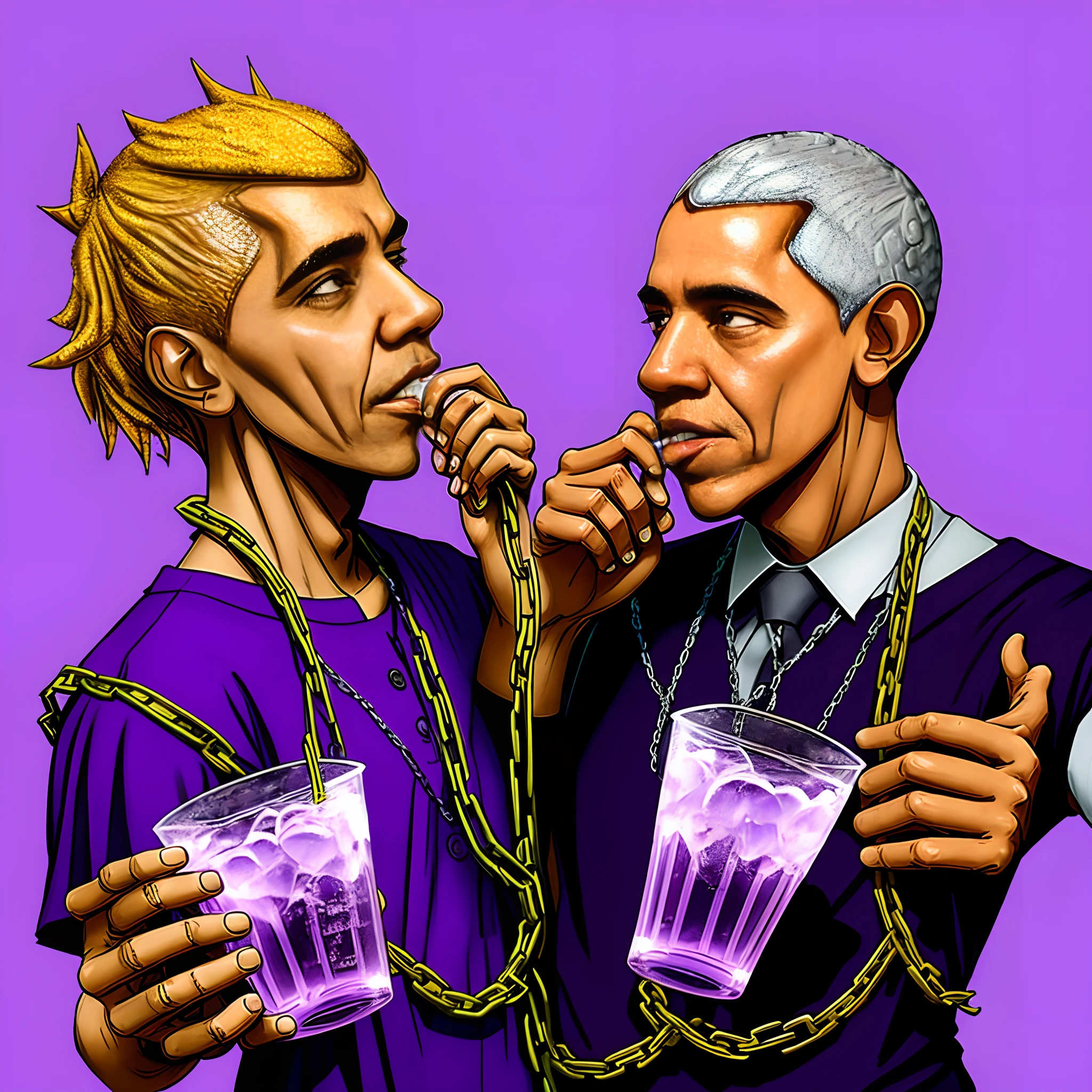 Donald Trump and Barack Obama with chains on drinking purple sprite.