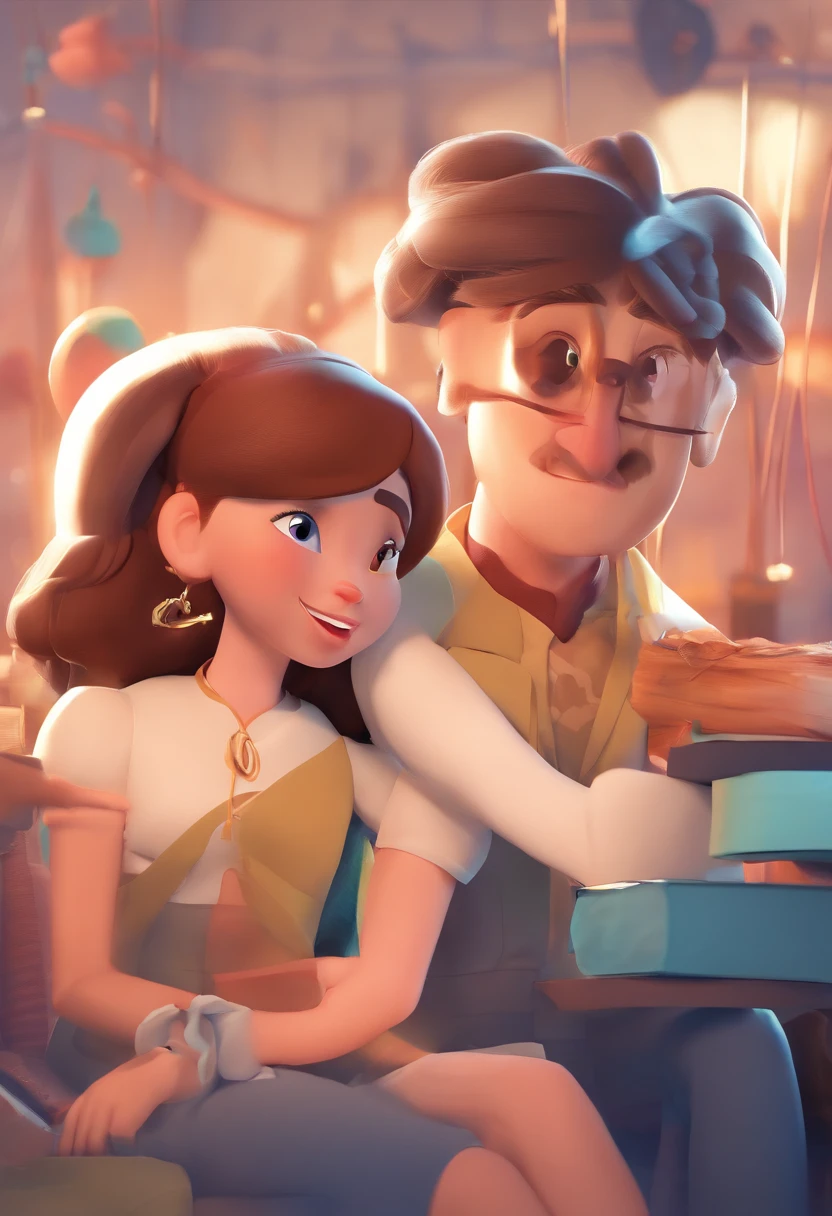 An illustration of an adorable couple, Destacando um homem e uma mulher com beleza, Expressive eyes – the man's hair is bald and brown and he has a full beard, While the woman's hair is tied up in a bun and blonde. They are a bright space, Todos com um sorriso no rosto, e compartilhe um momento especial, That is marked by love, viagem, and pedagogical insights. Ilustre esta cena a partir de uma perspectiva, where they're facing away from the camera, Show Your Connection. Desenvolva esta arte em Full HD, Focus on your cinematic touch, Estilo Disney Pixar Animations