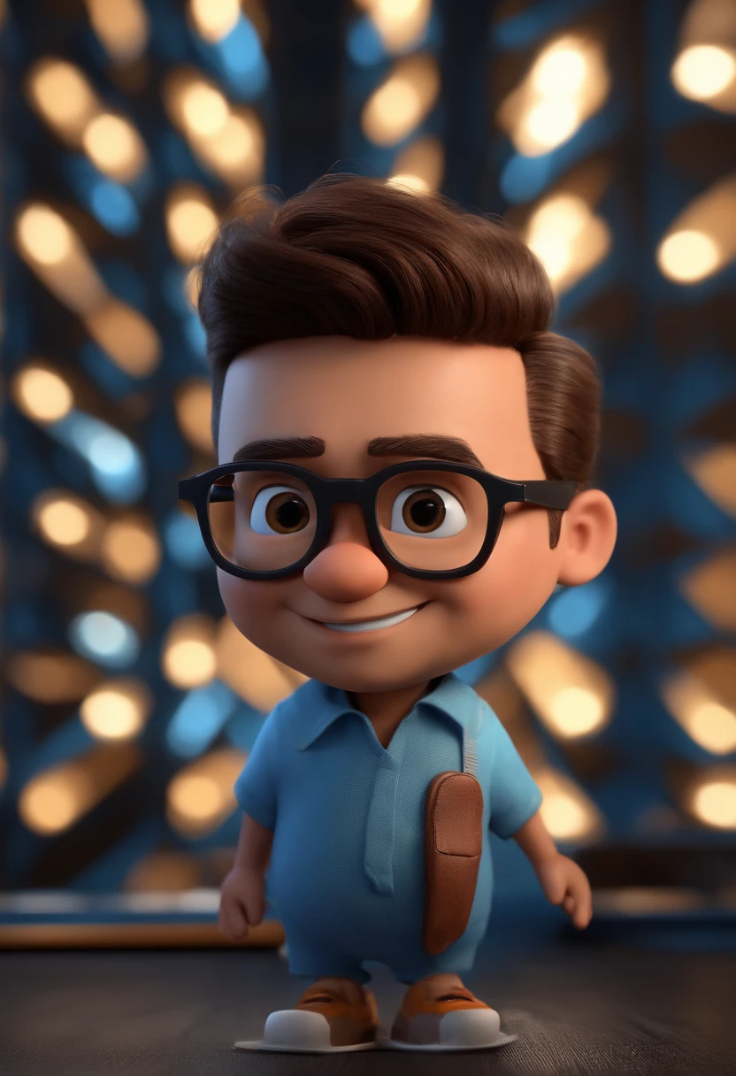 Cartoon character of a man with black glasses and a blue shirt, animation character, Caractere estilizado, animation style rendering, 3D estilizado, Arnold Maya render, 3 d render stylized, toon render keyshot, Personagem 3D, Personagem 3D, 3d rendering stylized, 3 d character render, personagem de desenho animado, Personagem de close up, Pose de personagem, (Estilo Pixar) (master part:1.2) (Bokeh) (best quality) (pele detalhada) (textura detalhada) (8k) (argila) (Cinematic lighting) (foco nítido