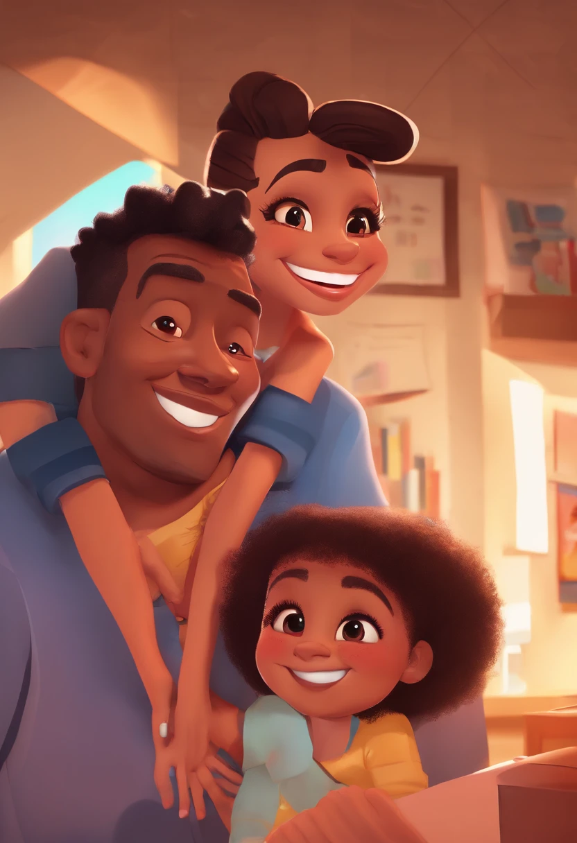An illustration of an adorable couple, Highlight for a chubby mulatto man with smiling glasses and a brunette woman with beautiful expressive eyes - the man's skin is mulatto and the man's hair has, while the woman's skin is black and the woman's hair is straight and brown. They are a bright room, cada um com um sorriso no rosto, e compartilhar um momento especial caracterizado pelo amor, Insights. Illustrate this scene from a perspective where they are facing the camera, Smiling and Showing Your Connection. Desenvolva esta arte em Full HD, Focus on your cinematic touch, Estilo Disney Pixar Animations