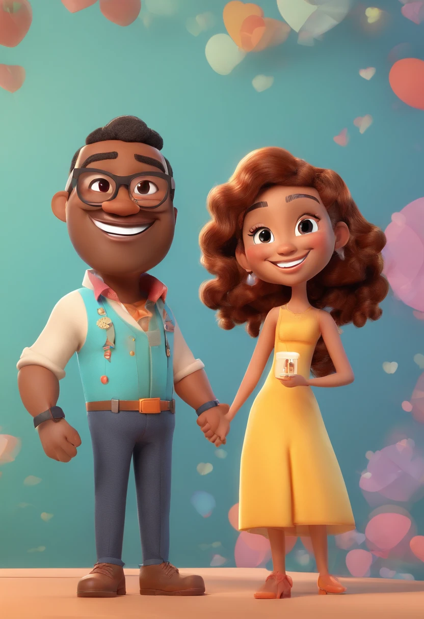 An illustration of an adorable couple, Highlight for a chubby mulatto man with smiling glasses and a brunette woman with beautiful expressive eyes - the man's skin is mulatto and the man's hair has, while the woman's skin is black and the woman's hair is straight and brown. They are a bright room, cada um com um sorriso no rosto, e compartilhar um momento especial caracterizado pelo amor, Insights. Illustrate this scene from a perspective where they are facing the camera, Smiling and Showing Your Connection. Desenvolva esta arte em Full HD, Focus on your cinematic touch, Estilo Disney Pixar Animations