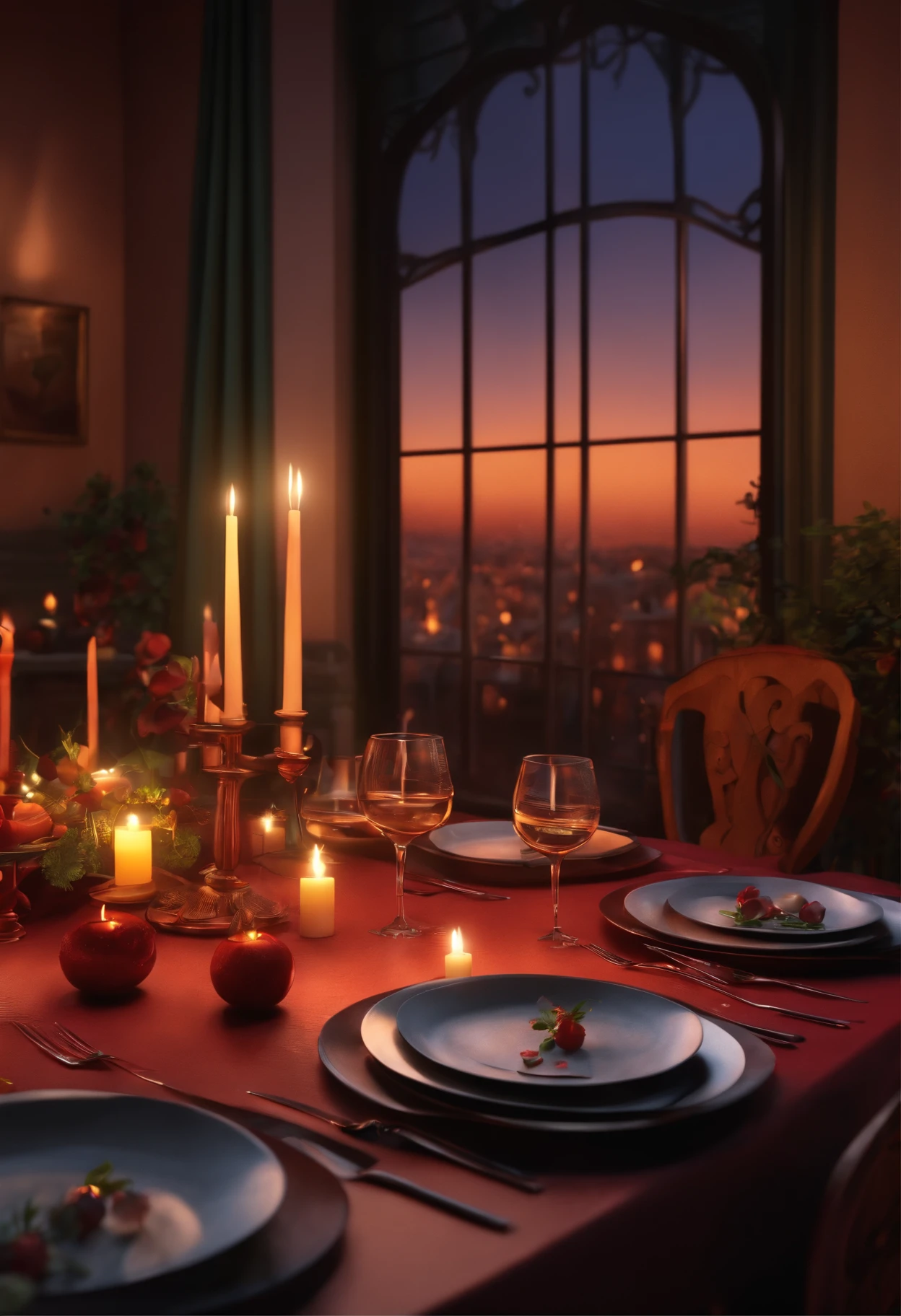 Pixar 3D style drawing of a very romantic dinner table looking closeup at the table level with no candles