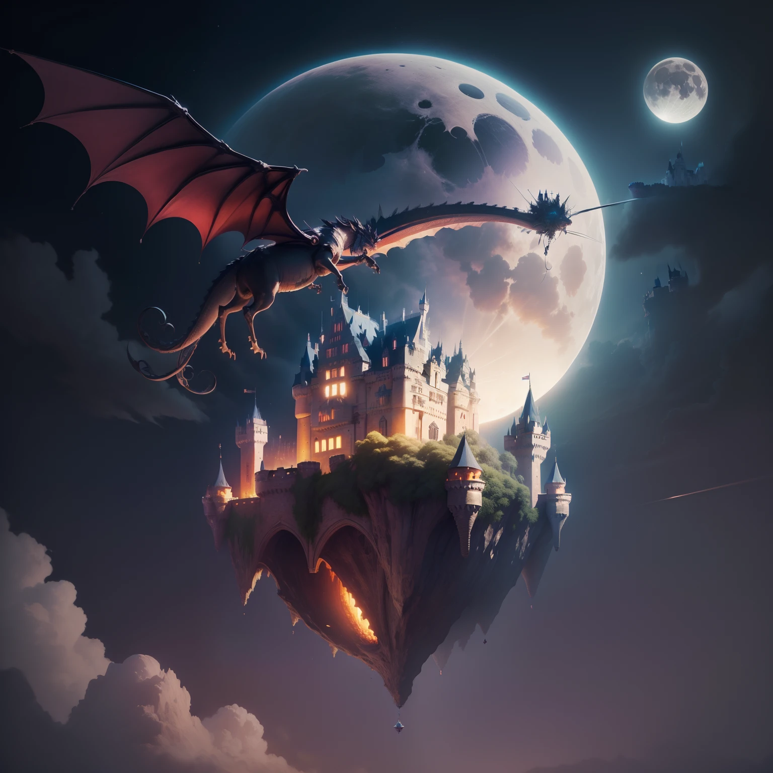 (A castle suspended in mid-air:1.5)，Levitation，La nuit，The moon on the left and the sun on the right,（Skysky、Castles、fantaisiste、Thémon、Rayons de clair de lune、La nuit），Amazing plant growth，A dragon flying around the castle, Detailed Extremia，Realistic Raytraicing，Epic composition，（complexdétails），（Conception complexe，hyper-detail：1.2），Art stations，（tmasterpiece，beste-Qualit），hyper HD，32K，(A castle suspended in mid-air:1.5)，Levitation