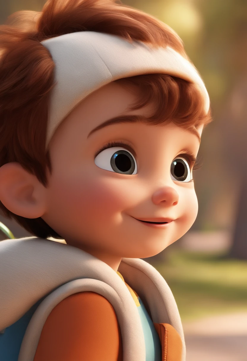 a happy cute kid standing short hair, vestindo uma fantasia espacial, , fundo branco, barnet, tom, Estilo Pixar, ..3d, desenhos animados, rosto detalhado, asymmetrical 16k