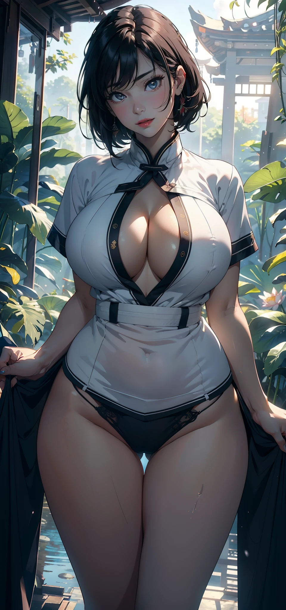 1female，45 yers old，A MILF，熟妇，mature，extremely large bosom，huge tit， A sagging breast，独奏，（Background with：hospitals，the rainforest，lotus flower，Sateen） She has short black hair，bobo head，，seen from the front， standing in forest， mostly cloudy sky，（（（tmasterpiece），（Very detailed CG unity 8K wallpaper），best qualtiy，cinmatic lighting，detailed back ground，beatiful detailed eyes，Bright pupils，Black eyes，Snow-whiteskin，Redlip（Very fine and beautiful），（Beautiful and detailed eye description），ultra - detailed，tmasterpiece，））facing at camera，A high resolution，ultra - detailed），extremely large bosom，A sagging breast，revealing breasts，Bare genitalia，  Bulge，legs are open，Raised sexy，Camel toes，Flushed complexion，Desire for dissatisfaction，frontage，high school senior（Wearing：Ancient school uniforms，on cheongsam）