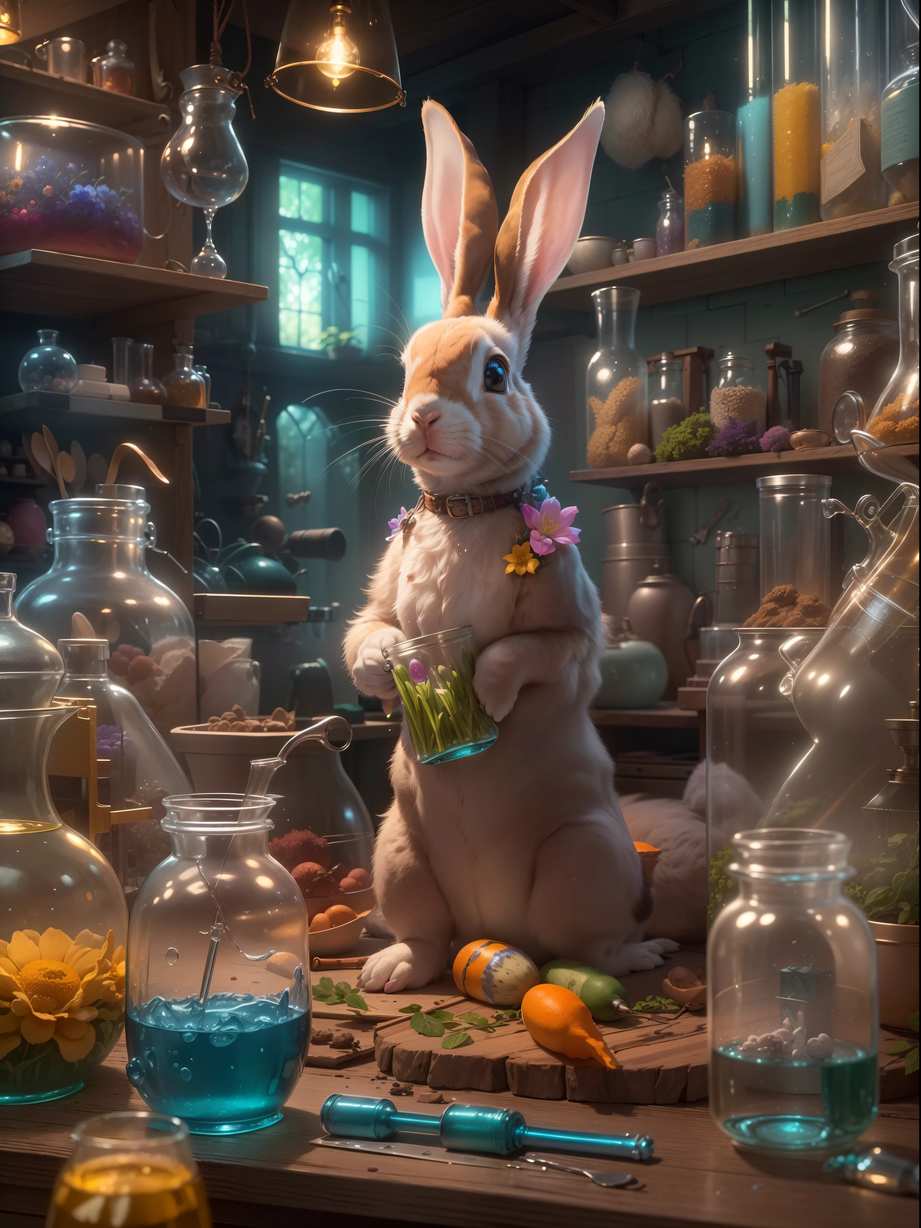 (best quality,4k,8k,highres,masterpiece:1.2),ultra-detailed,(realistic,photorealistic,photo-realistic:1.37),rabbits in an enchanted laboratory,illustration,sparkling laboratory equipment,detailed fur,colorful test tubes,scientific instruments,beautiful flowers and plants,vibrant colors,soft lighting