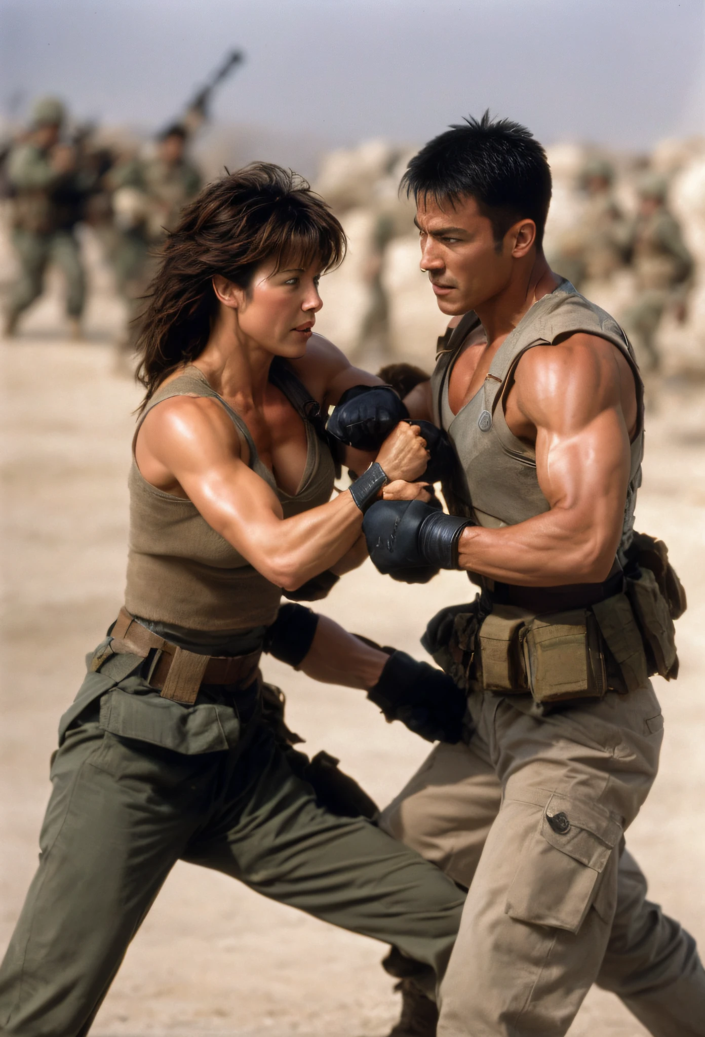 photography of muscular woman in bra, toned abs, sophie marceau fighting hand to hand with asian soldier in battlefield