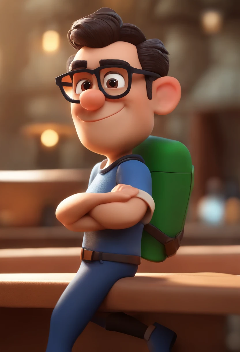 Cartoon character of a man with black glasses, cabelo cacheado marrom escuro e uma camisa azul, animation character, Caractere estilizado, animation style rendering, 3D estilizado, Arnold Maya render, 3 d render stylized, toon render keyshot, Personagem 3D, Personagem 3D, 3d rendering stylized, 3 d character render, personagem de desenho animado, Personagem de close up, Pose de personagem, (Estilo Pixar) (master part:1.2) (Bokeh) (best quality) (pele detalhada) (textura detalhada) (8k) (argila) (Cinematic lighting) (foco nítido