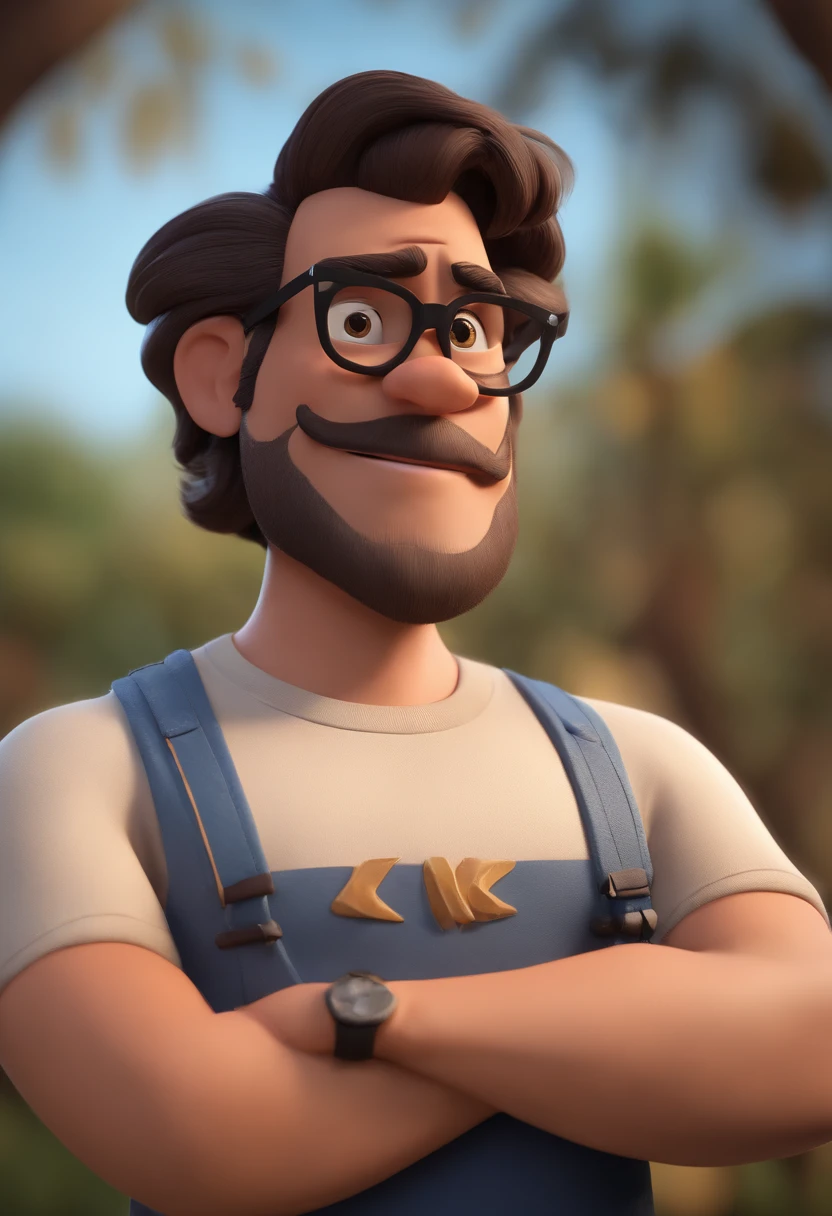 Cartoon character of a man with black glasses, cabelo cacheado marrom escuro e uma camisa azul, animation character, Caractere estilizado, animation style rendering, 3D estilizado, Arnold Maya render, 3 d render stylized, toon render keyshot, Personagem 3D, Personagem 3D, 3d rendering stylized, 3 d character render, personagem de desenho animado, Personagem de close up, Pose de personagem,  (Estilo Pixar) (master part:1.2) (Bokeh) (best quality) (pele detalhada) (textura detalhada) (8k) (argila) (Cinematic lighting) (foco nítido