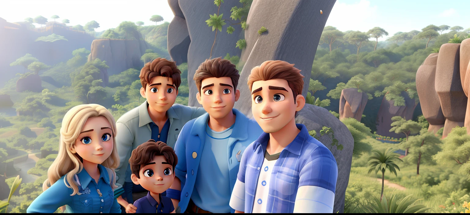 Happy family in the forest and waterfall disney style