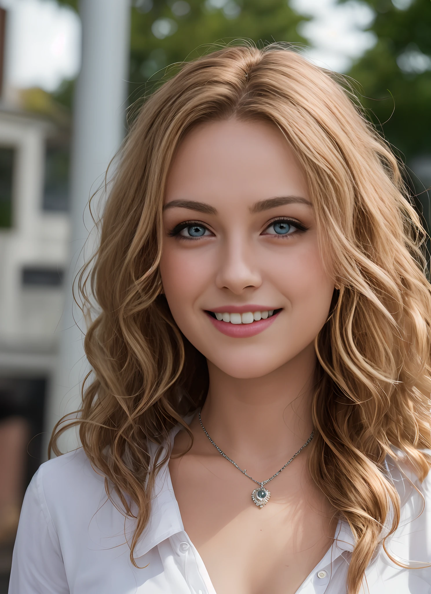 masutepiece, Realistic, Detailed eyes, Beautiful, Looking at the viewer, Natural lighting, depth of fields, Film grain, Wrinkled skin, 24 year old, Female, Solo, long wavy blonde hair, Blue eyes, white, Formal shirts, a necklace、 Smile, Lips, Upper body, Portrait, Front view, exterior